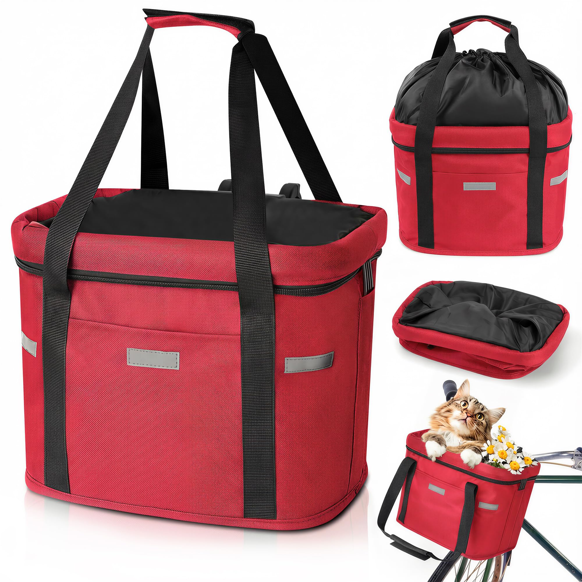 Cestino Bicicletta Anteriore, Cestino Rimovibile per Bicicletta Anteriore con Fissaggio rapido Pieghevole Fino a 5kg di Carico Cestino per Animali,Borsa per la Spesa,Campeggio All'Aperto, Rosso