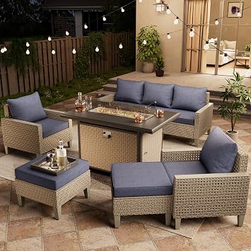 Outdoor Patio Furniture Set with Rattan Fire Pit Table 8-Piece Modular Wicker Sectional Sofa with Ottomans and Thick Cushions, Modern Rattan Outdoor Conversation Couch, Navy