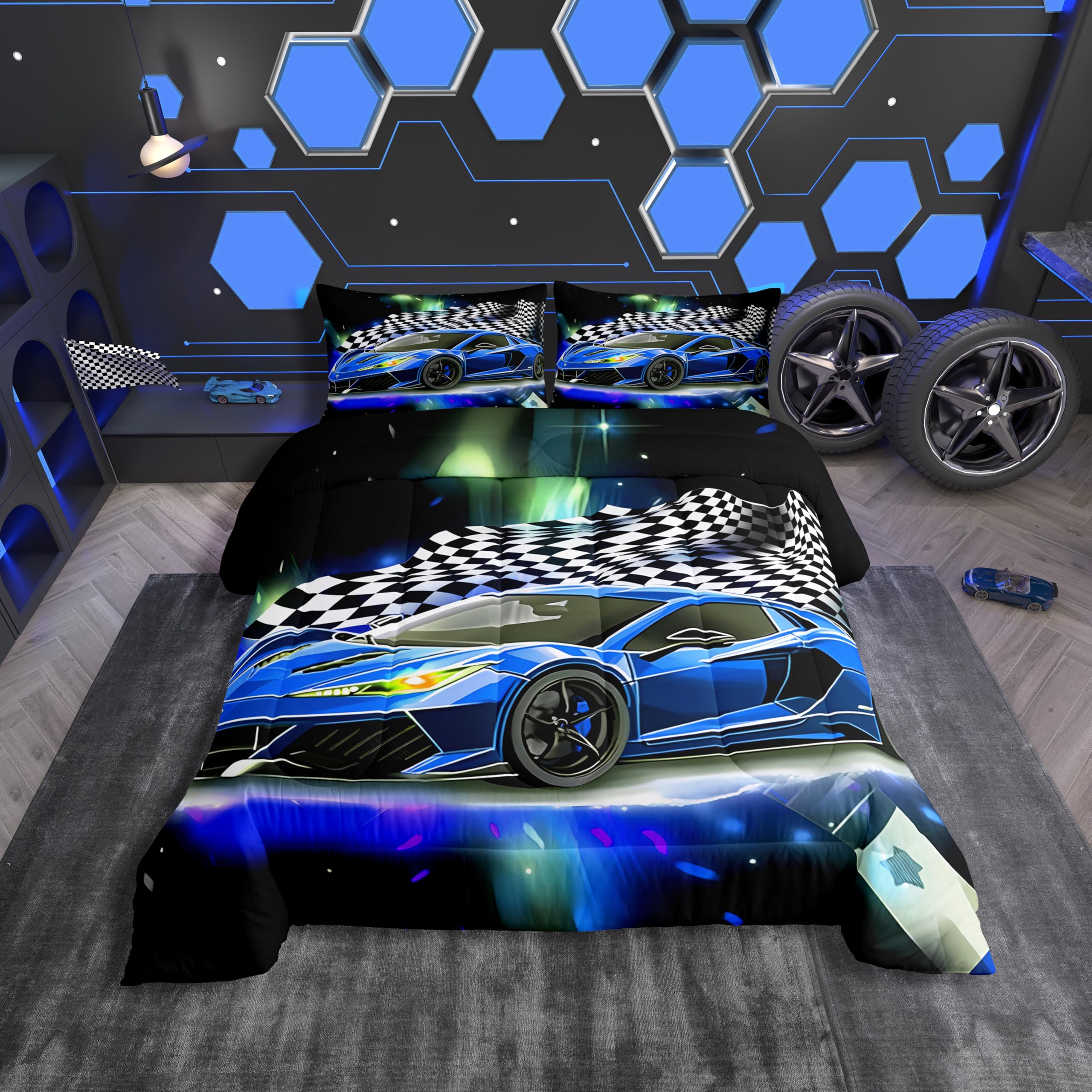Feelyou Blue Racing Car Comforter Set Twin Size, Fast and Furious Extreme Sport Games Bedding Sets for Kids Boys Teens,Sports Car Bed in A Bag,Cool Modern Duvet Insert with 1 Pillowcase