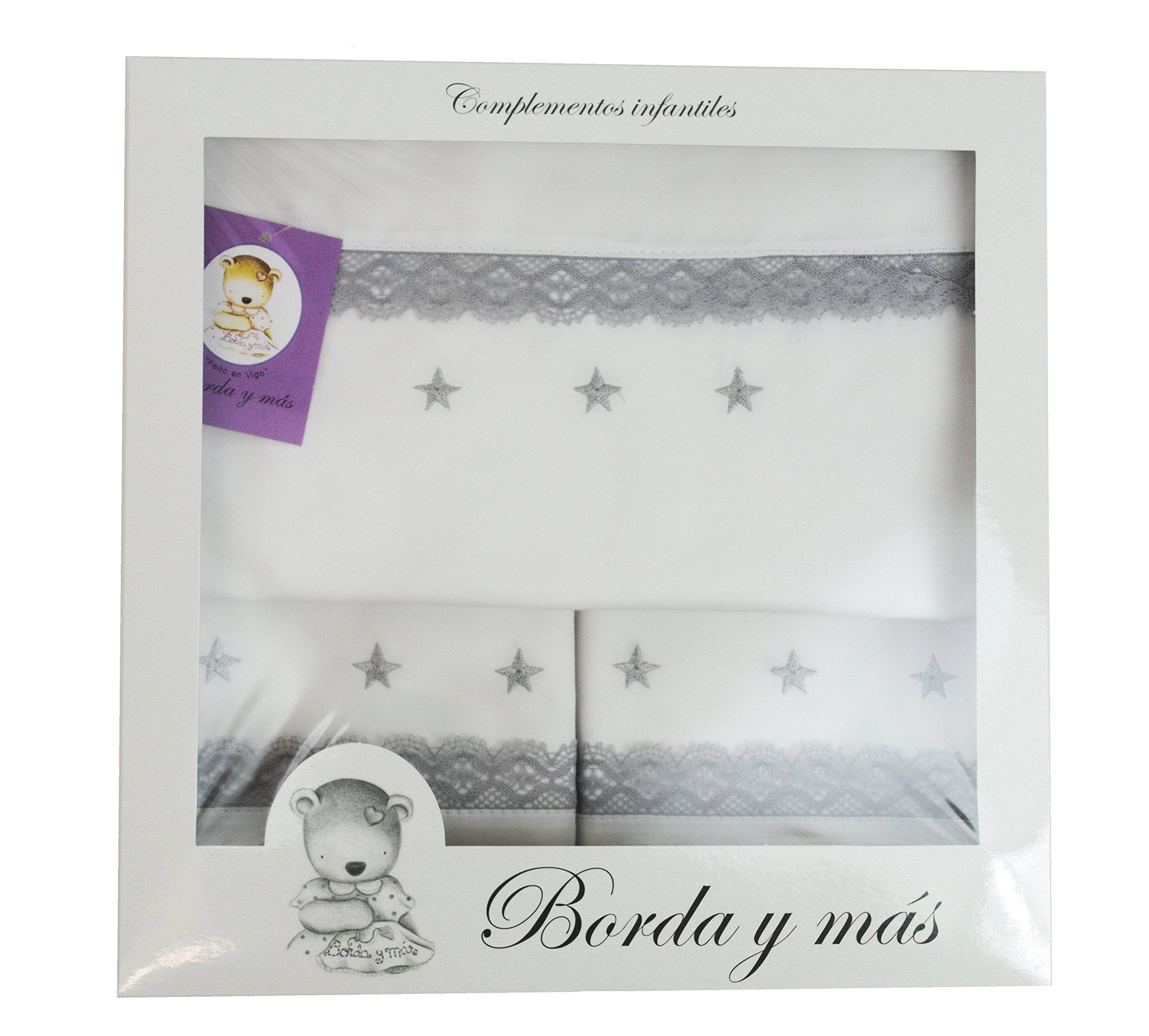 Sabanas 100% Algodón CUNA 60X120 con detalle de estrellas bordadas y bolillo gris - Juego de 3 piezas (bajera+encimera+funda almohada) Fabricadas en España
