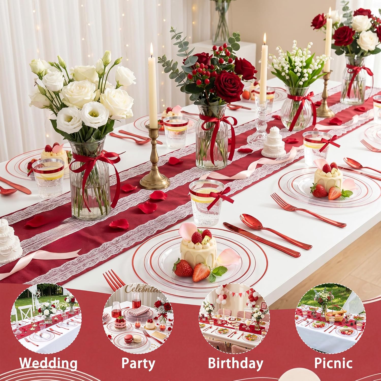 I00000 350 Pcs Red Plastic Dinnerware Set for 50 Guests,Clear Red Plates Set Include: 100 Plates, 50 Cups, 50 Per Rolled Napkins with Cutlery for Wedding & Party