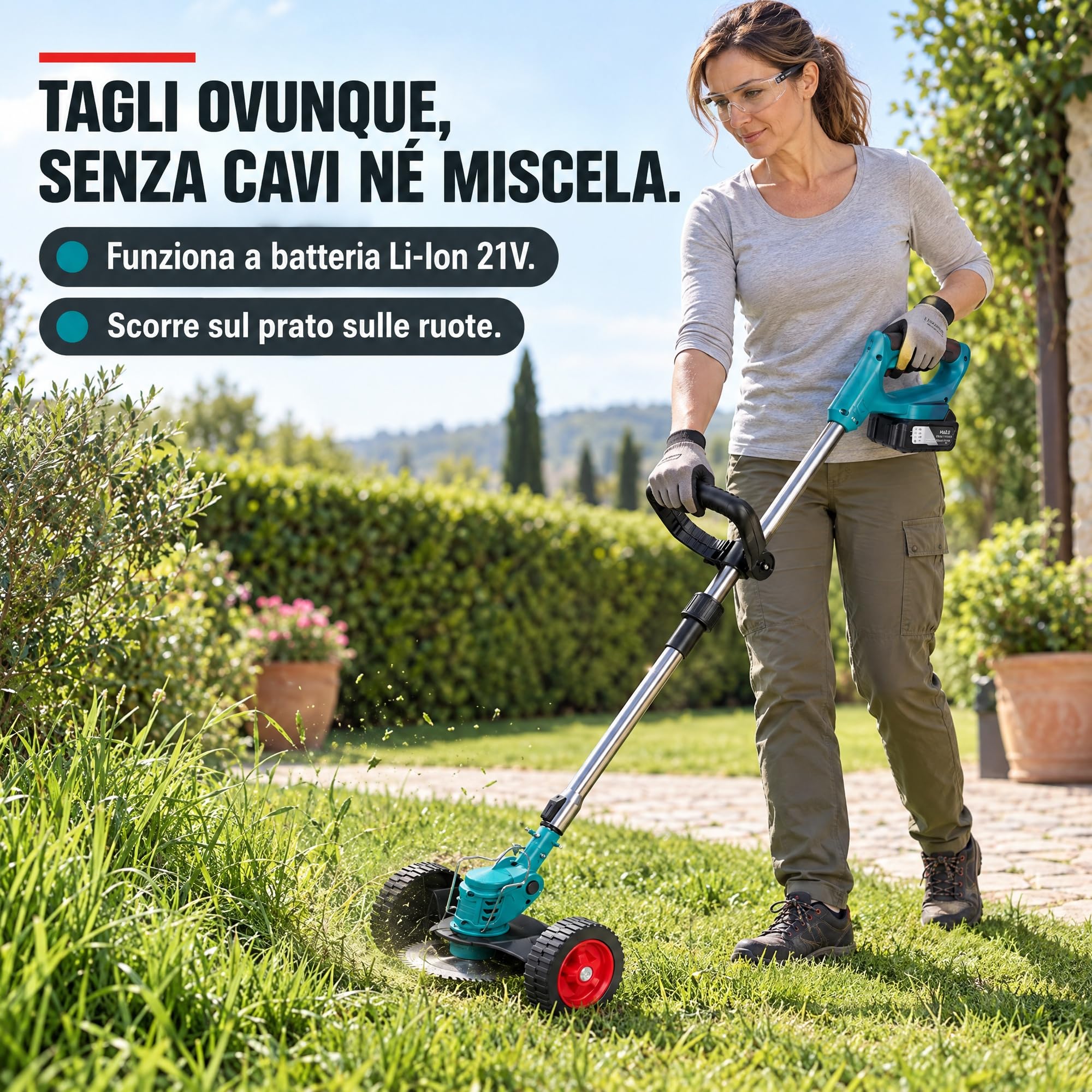 Decespugliatore a Batteria 21V con Ruote, 2 Batterie 4.0Ah Incluse