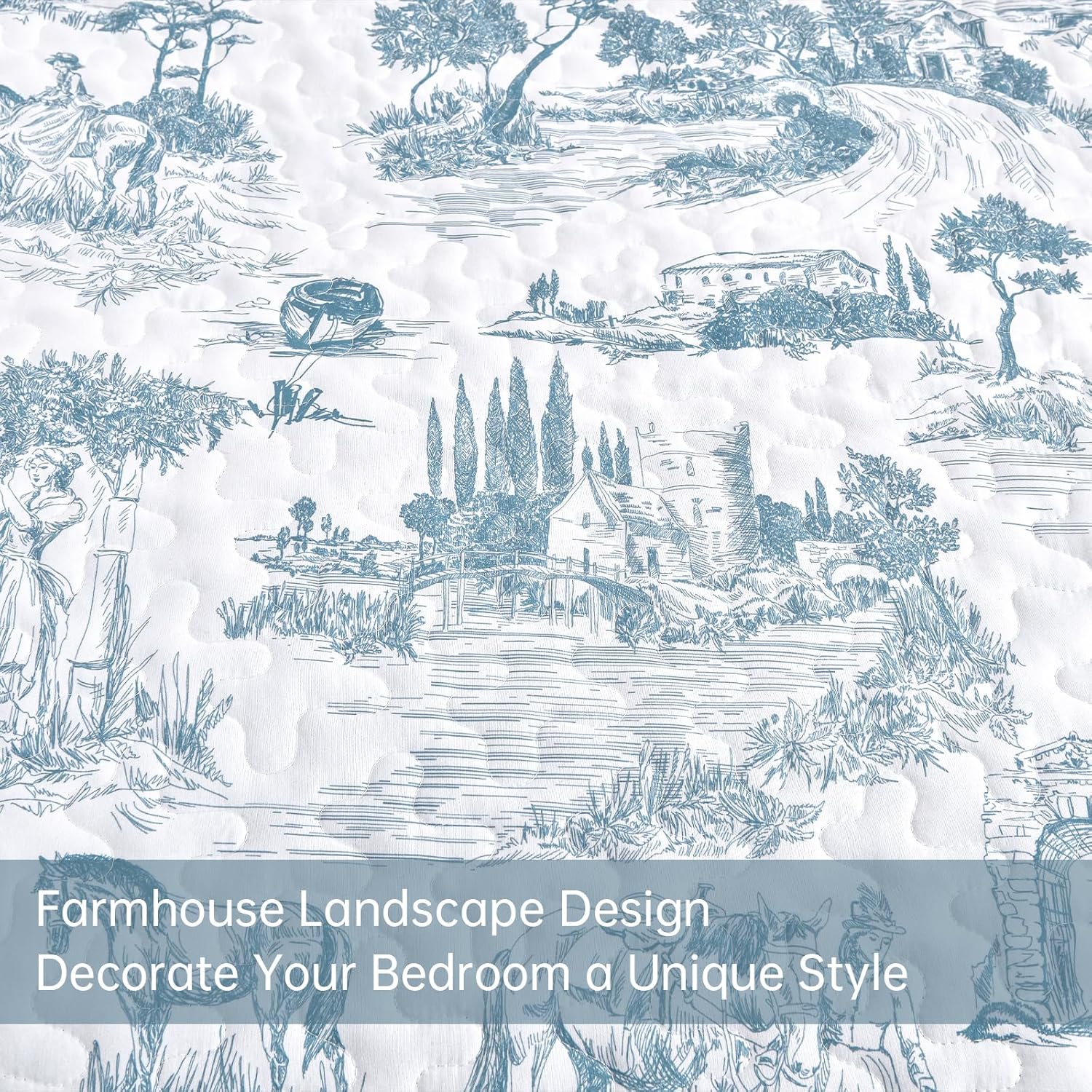Drucon Blue Quilt Set Queen Size, Toile Farmhouse Bedspreads, 3 Pieces Rustic Village Landscape Printed Coverlet, Soft Microfiber Quilt Bedding Set for All Season (96x90 Inch) - Image 4