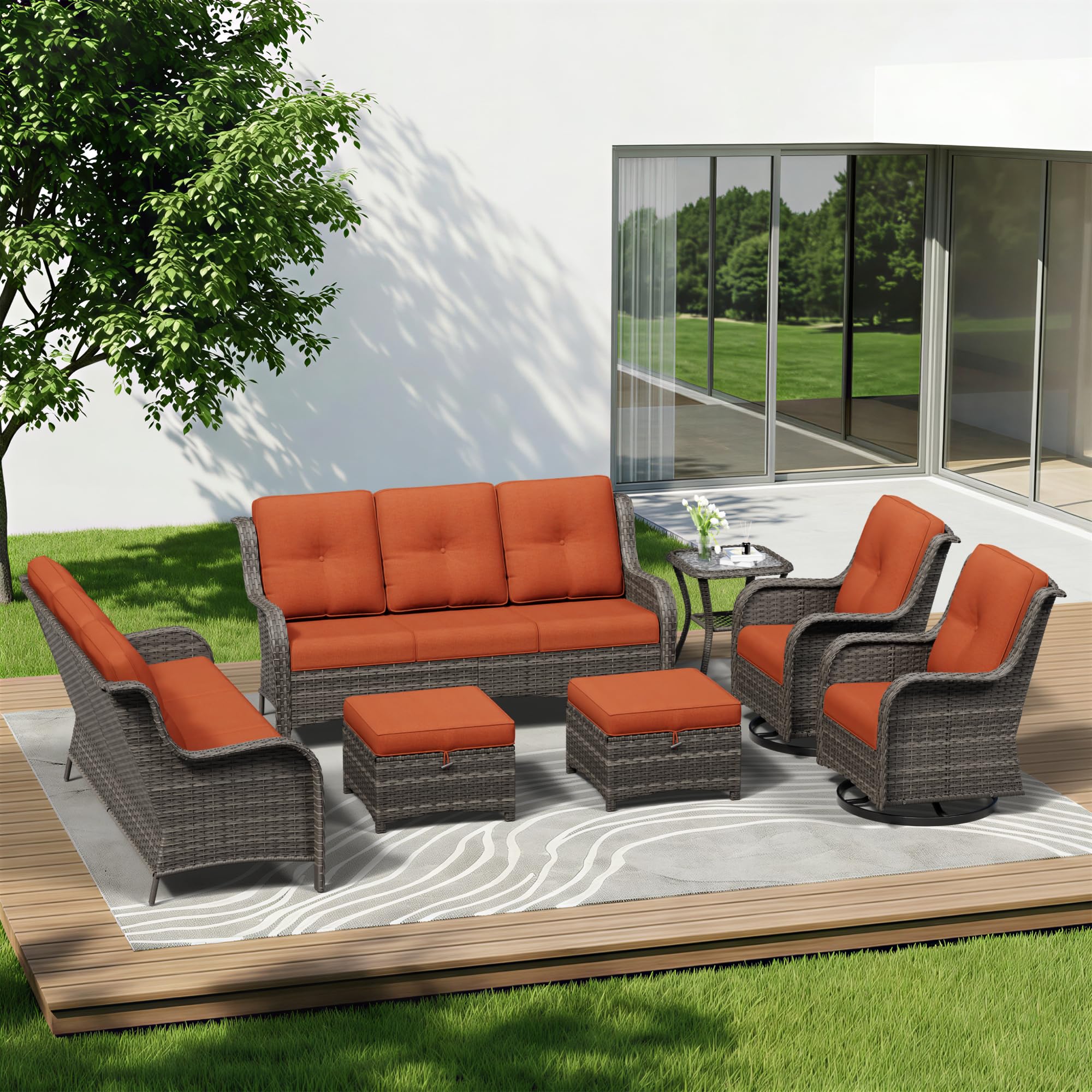 7 Piece Outdoor Wicker Patio Furniture Set, Outdoor Swivel Rocker Patio Chairs Set with Thickened Olefin Cushions, High Back and Deep Seating, Hand-Woven PE Rattan for Porch, Deck