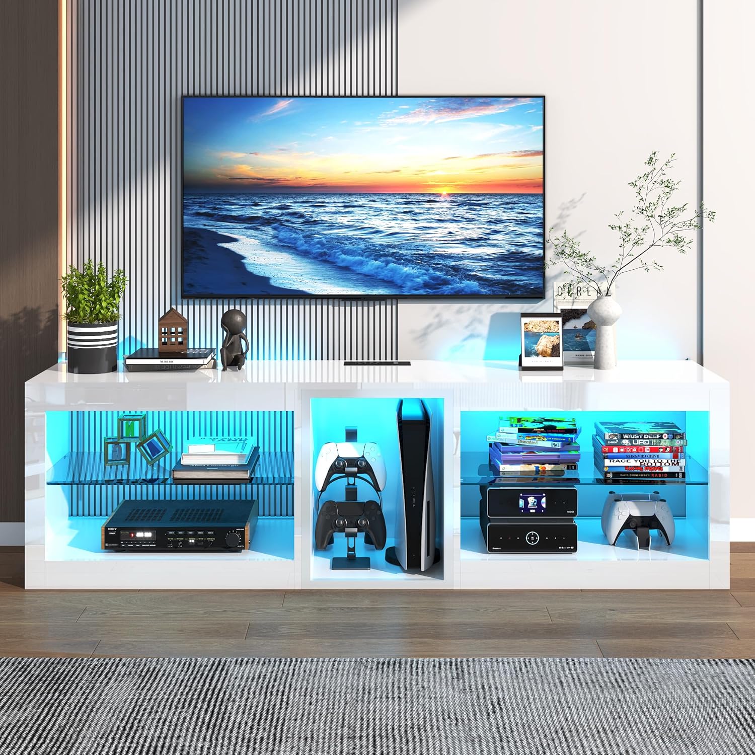 Vinctik 6&Fox LED TV Stands w/Power Outlet,60,00-Colors Lighting for 65 70in TV, 63" Modern High Gloss Entertainment Center,TV Console W/Adjustable Glass Shelves for Living Room Game Bedroom (White)