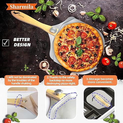 Miniatura 3 de Sharmila Pala de pizza de 12 pulgadas, pala de aluminio para pizza con mango de madera plegable, cortador de pizza y espátula de pizza de metal,