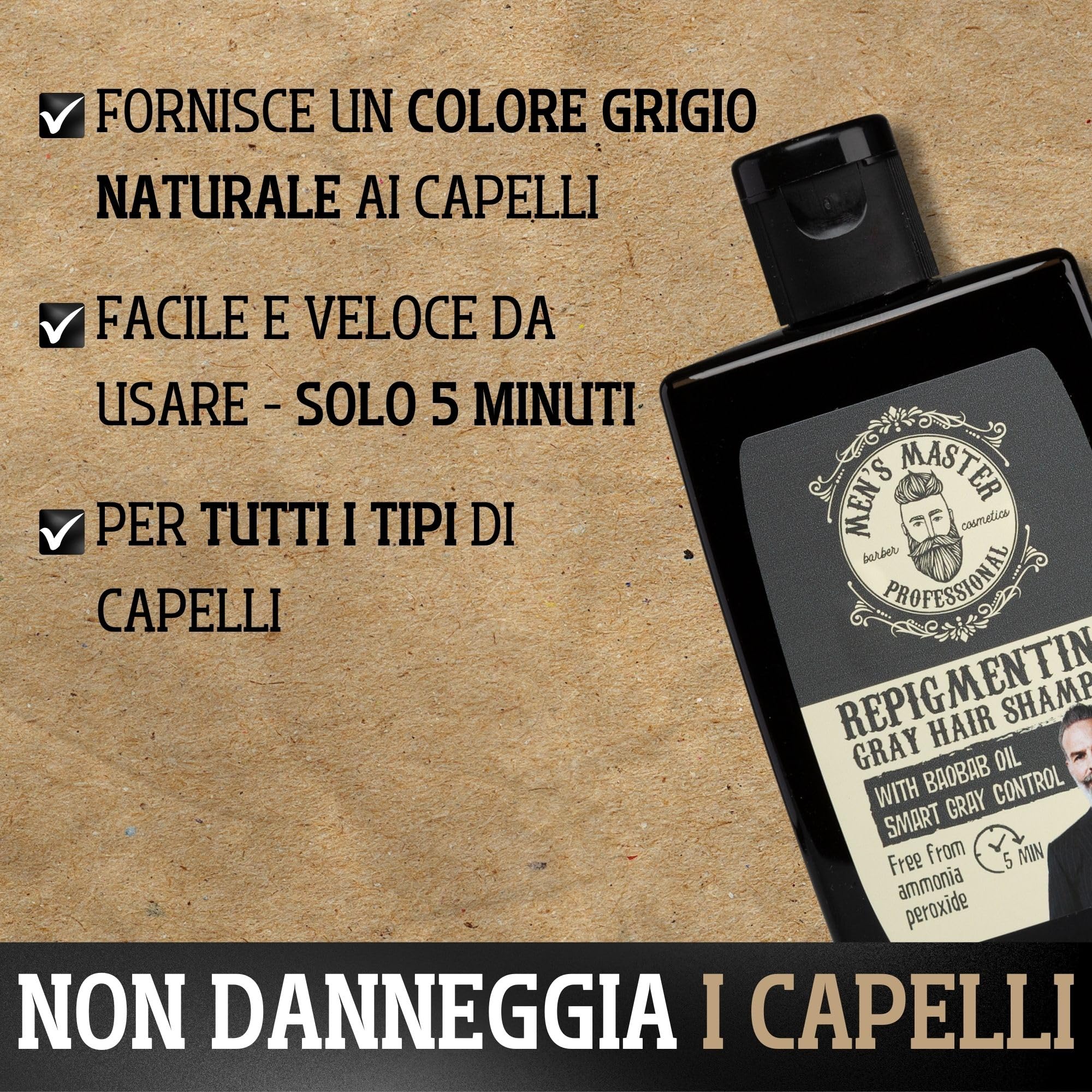 Men's Master Shampoo Repigmentante per Uomo Capelli Grigi | Con Olio di Baobab e Colorazione in 5 min | Apporta un Tono Grigio Chiaro Naturale | Senza Ammoniaca e Ossidanti, | 120 ml