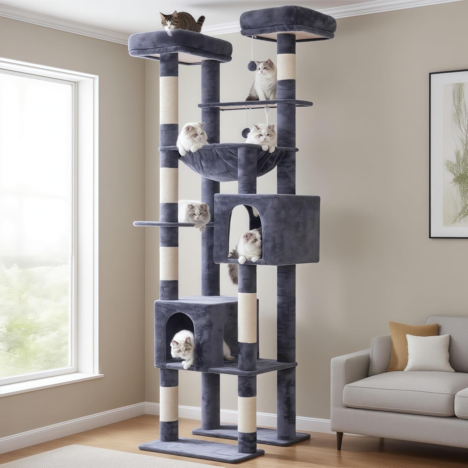 Hey-brother Tall Cat Tree Tower, Heavy Duty Scratching Posts with Large Platforms, Cozy Condos, Big Hammock, Toy Balls, Multi-Level Furniture for Indoor Adult Cats, 80.7 Inches, Smoky Gray MPJ039G
