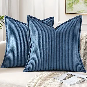 Mecatny Corduroy Throw Pillow Covers 22x22 Set of 2, Neutral Decorative Soft Boho Couch Pillow Covers with Broadside for Sofa Living Room, Navy