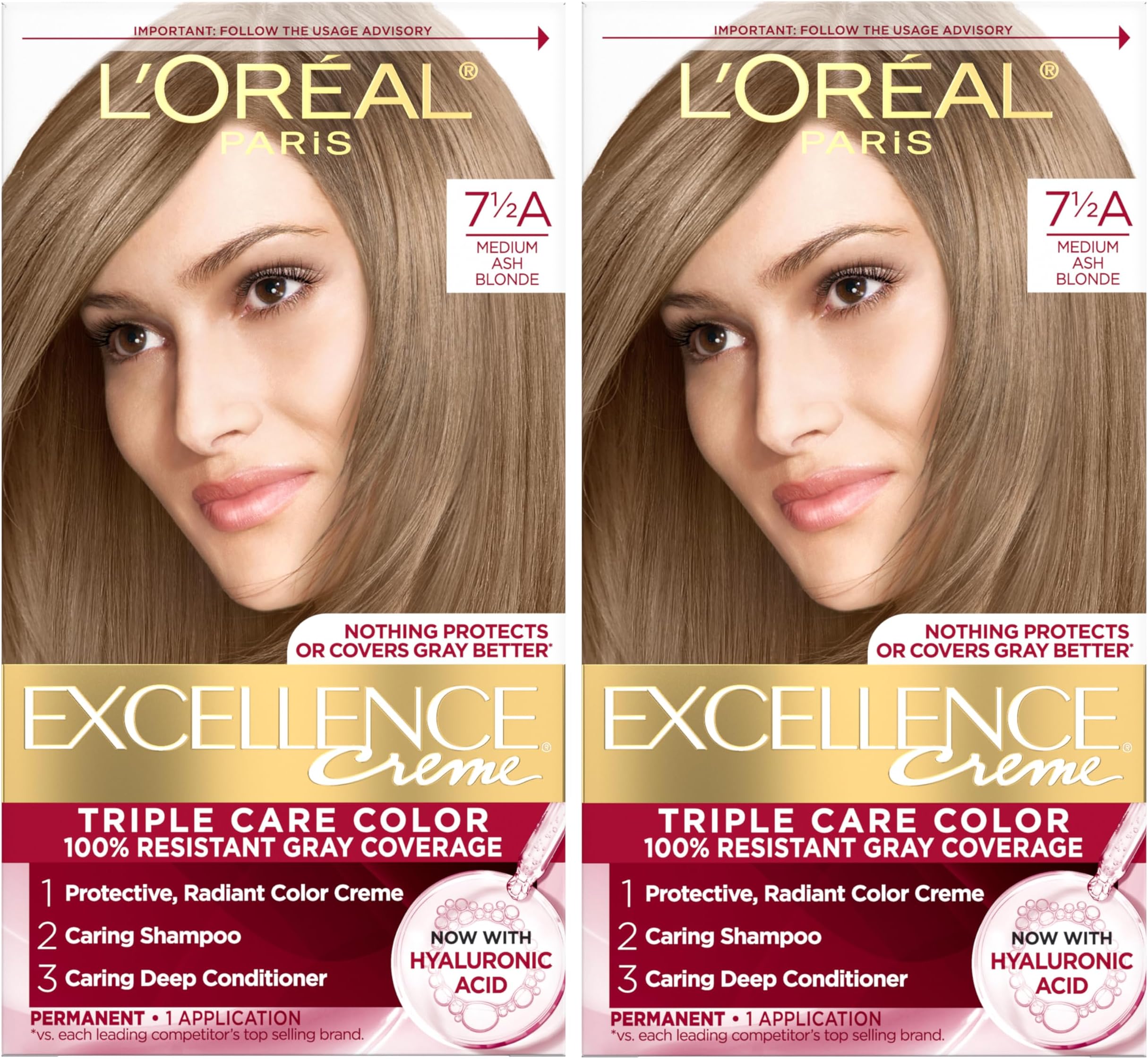 L’Oréal Paris L'Oreal Excellence Creme Permanent Hair Color, 7.5A Medium Ash Blonde, 100 percent Gray Coverage Hair Dye, Pack of 2