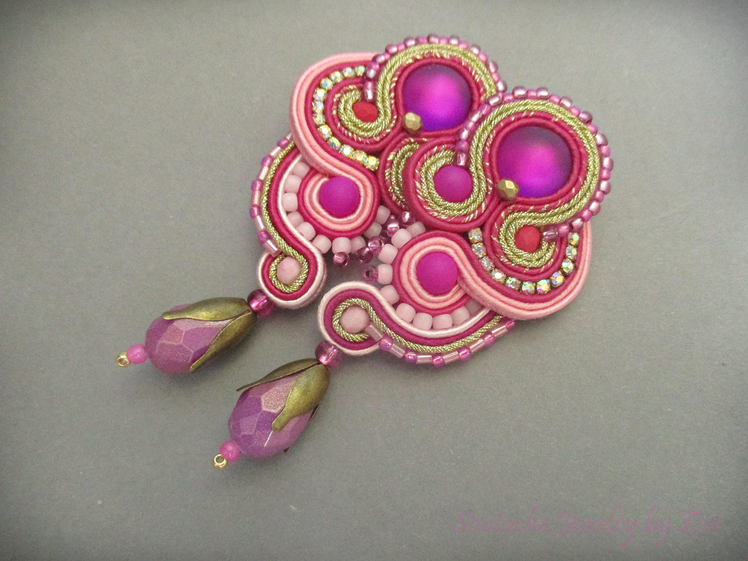 Magenta Gold Pink Earring, Soutache Clip on Earring, Wedding Guest Bridal Jewelry, Long Pink Stud, soutache Jewelry