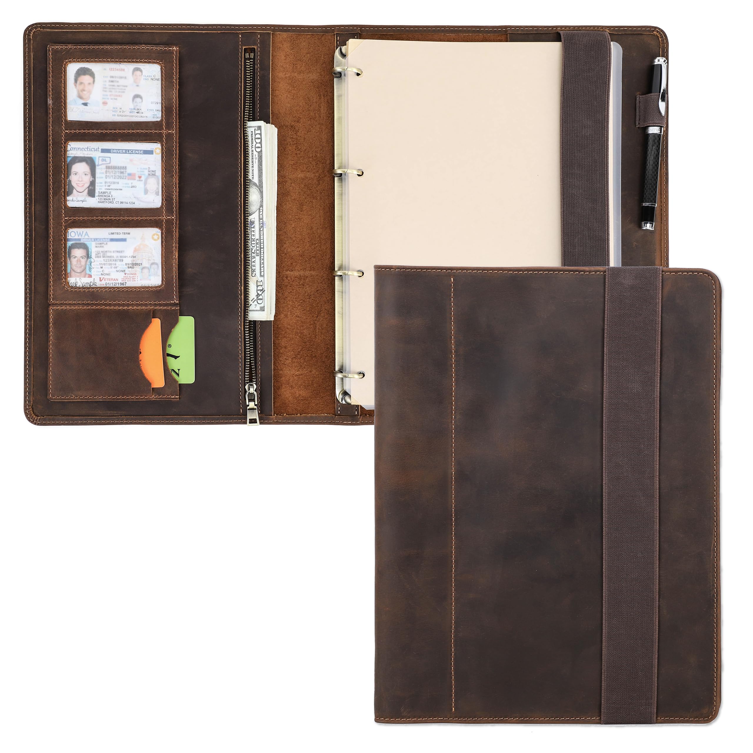 CataPurus Top Grain Leather A4 Loose-Leaf Paper Portfolio Organizer for Men & Women, Vintage Design, Multi-Functional Professional Business Portfolio for A4 Size Document/iPad Pro/Pen, Coffee 11 Inch