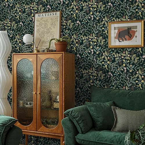 Miniatura 8 de Ismoon Papel tapiz para despegar y pegar, papel tapiz floral verde oscuro, papel tapiz autoadhesivo vintage extraíble, papel de contacto verde,