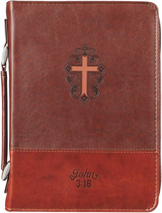 Amazon Christian Art Gifts クロスフェイクレザー 聖書カバー ブラウン ヨハネ316 L ブックカバー