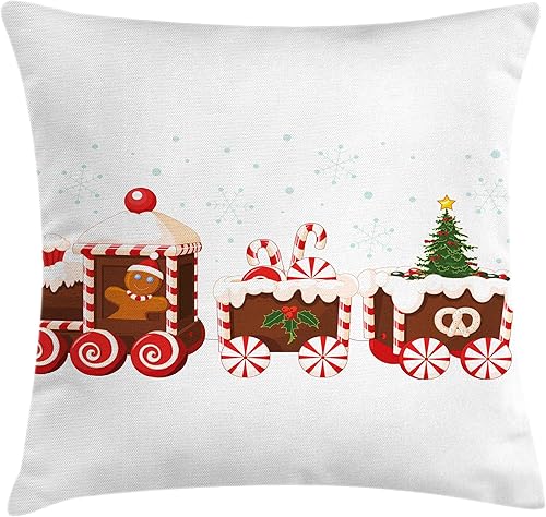 Ambesonne Funda de cojín de Navidad, tren con pan de jengibre, crema de caramelo, juguetes de dibujos animados, regalos de copos de nieve, funda de