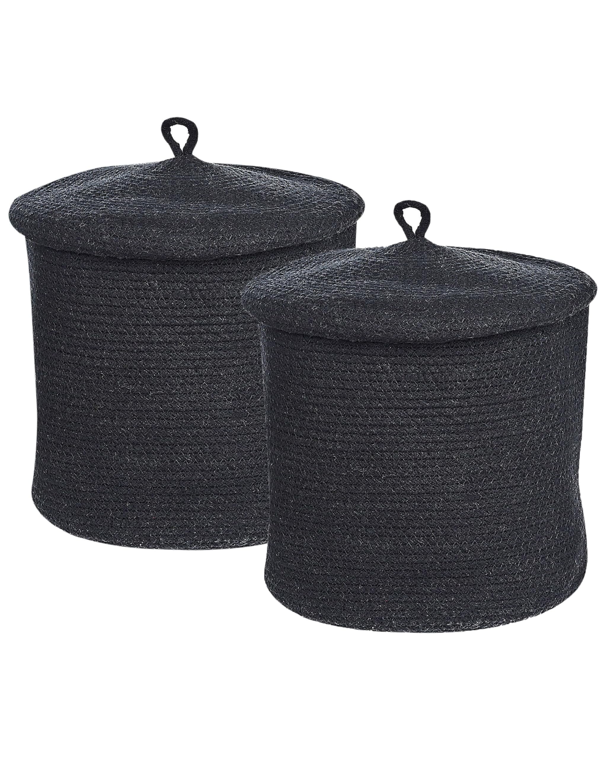 Korb 2er Set Baumwolle schwarz geflochten mit Deckel Boho-Design Silopi
