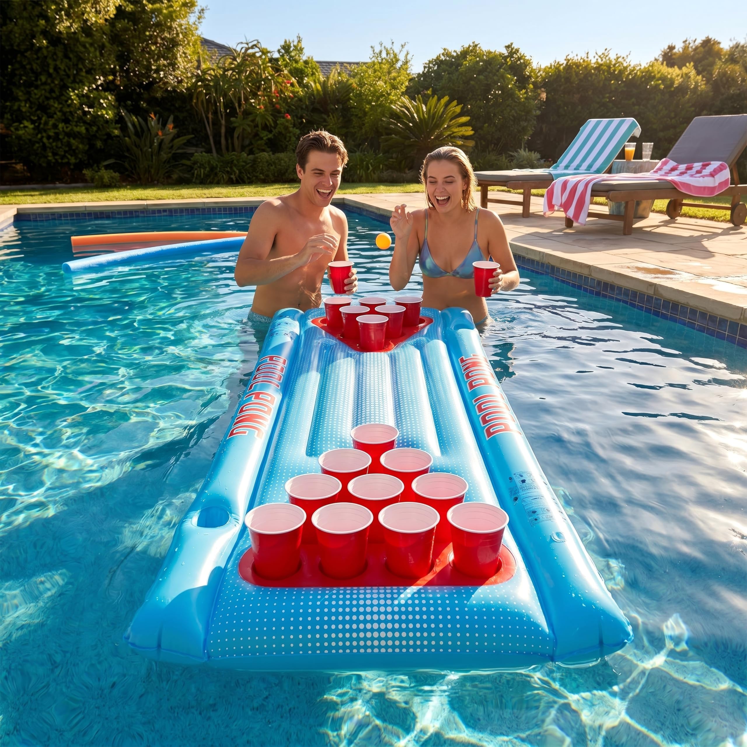 Henbrandt Table gonflable de bière-pong - 166 cm x 77 cm - Jeu flottant pour fête d'anniversaire, enterrement de vie de jeune fille, enterrement de vie de jeune fille, amusement d'été, radeau aérien