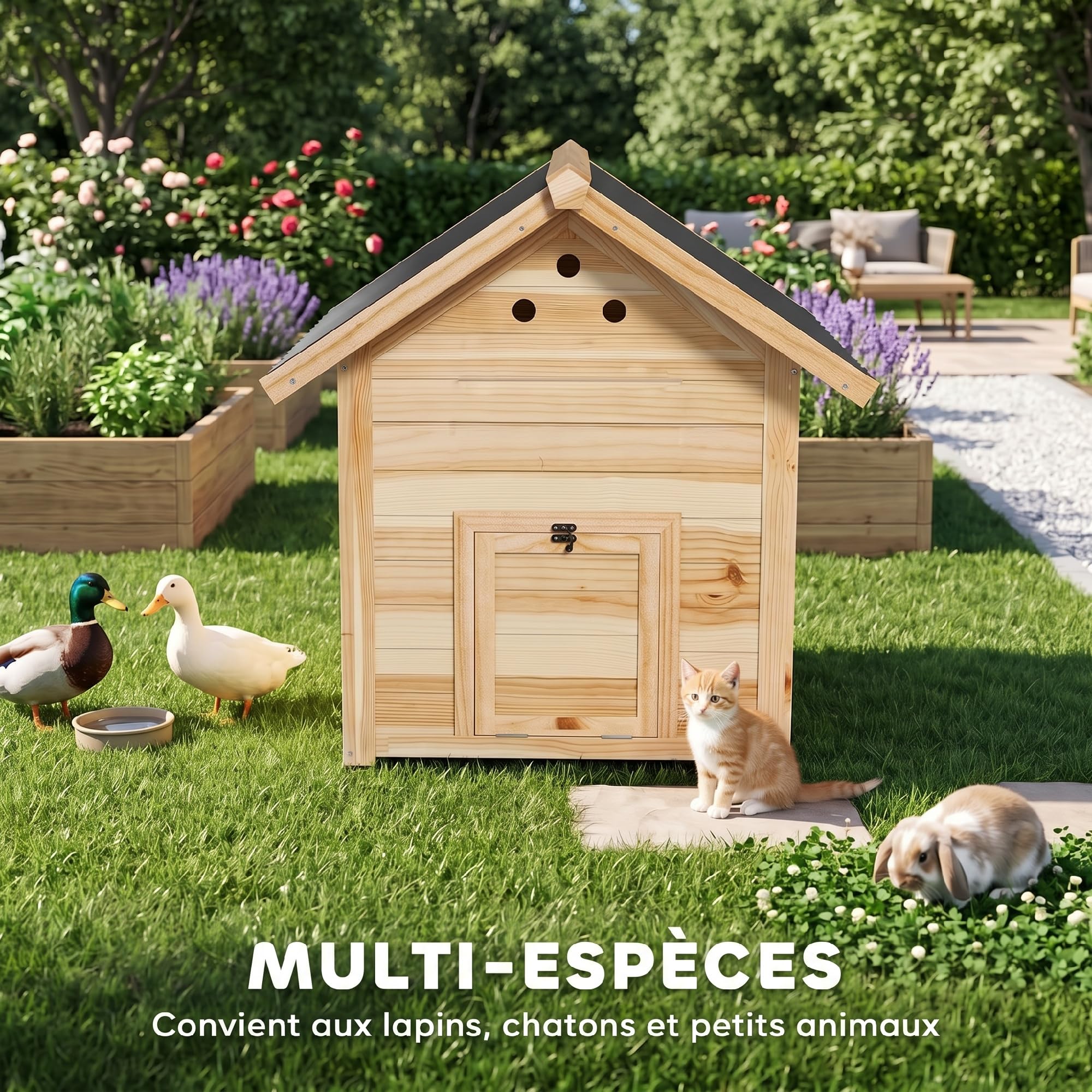 PawHut - Caseta para patos de madera, techo impermeable, 78 x 90 x 92 cm, madera natural | Para Patos y Gansos, Ventilación, Base Desmontable, Puerta Lateral, Gallinero