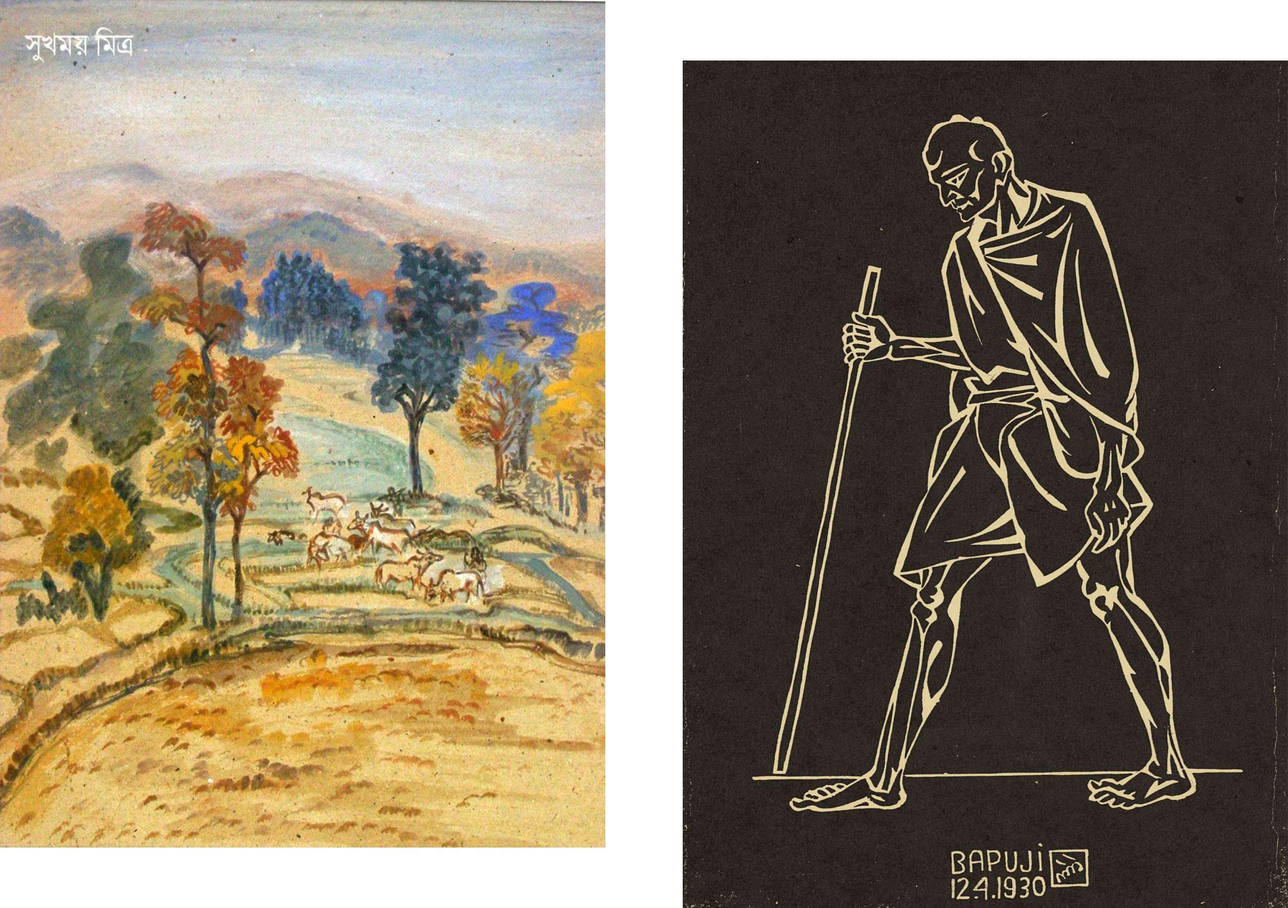 Adventures® *Cattle in Countryside* & *Dandi-March* - Two Paintings by Nandlal Bose, Set of 2 Wall Décor Frames (Acrylic Spray Coated Canvas Print, Pinewood Frame). Size- 14"x18" each (5 options)