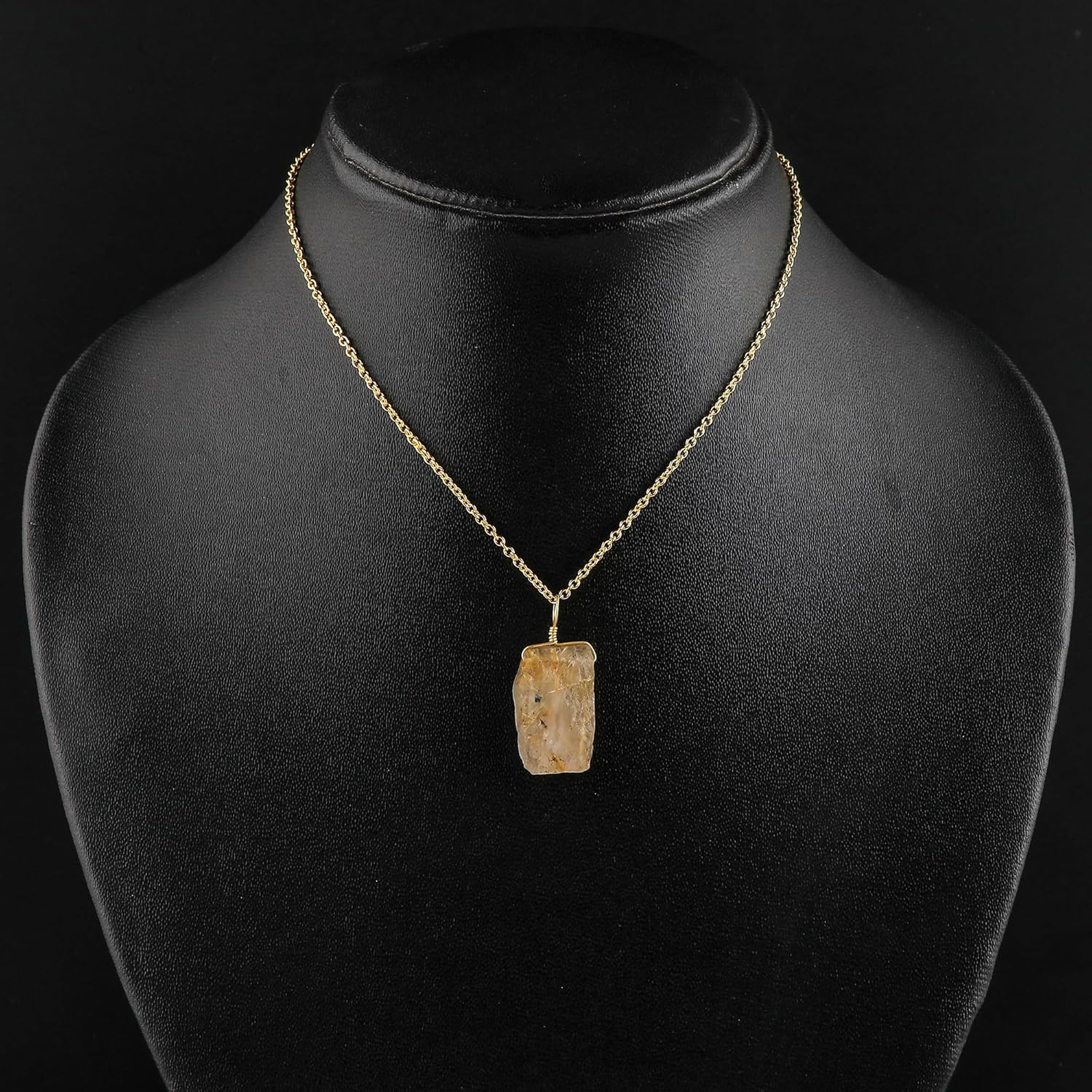 Natural Raw Golden Rutilated Quartz Gemstone Pendant Necklace, Rough Slice Stones, Handmade Boho Silver Plated Jewelry, Wicca Reiki Healing Crystals, Christmas Gift (Size-18inch) - Image 5