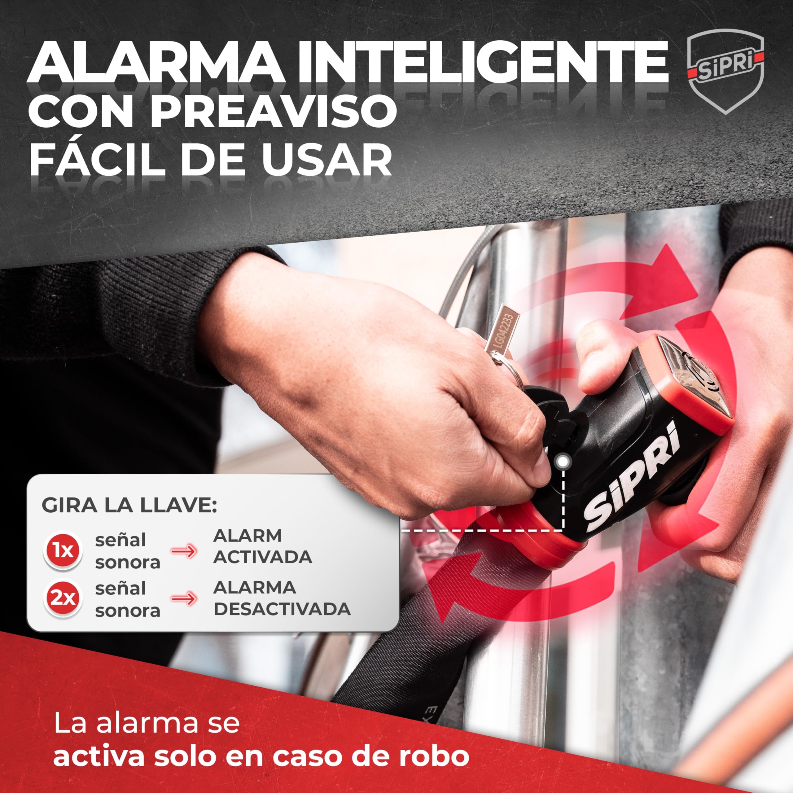 Candado para bicicleta SIPRI® con alarma de 120 dB | Candado de cadena para bicicleta con alta seguridad para E-Bike, E-Scooter y motocicleta | 8 mm de acero, resistente a la intemperie, robusto y