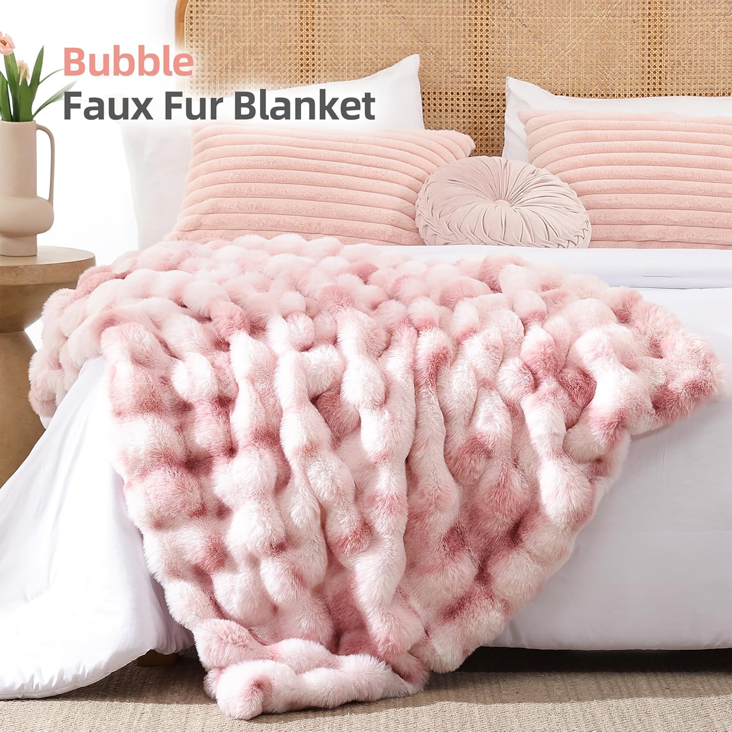 Smoofy Faux Fur Throw Blanket for Couch Rabbit Fleece - Tie-dye Pink Fluffy Blanket for Sofa Bedroom Living Room, Cozy Soft Plush Luxury Thick Winter Fuzzy Comfy Bubble Blanket - 50" x 60" - Image 2