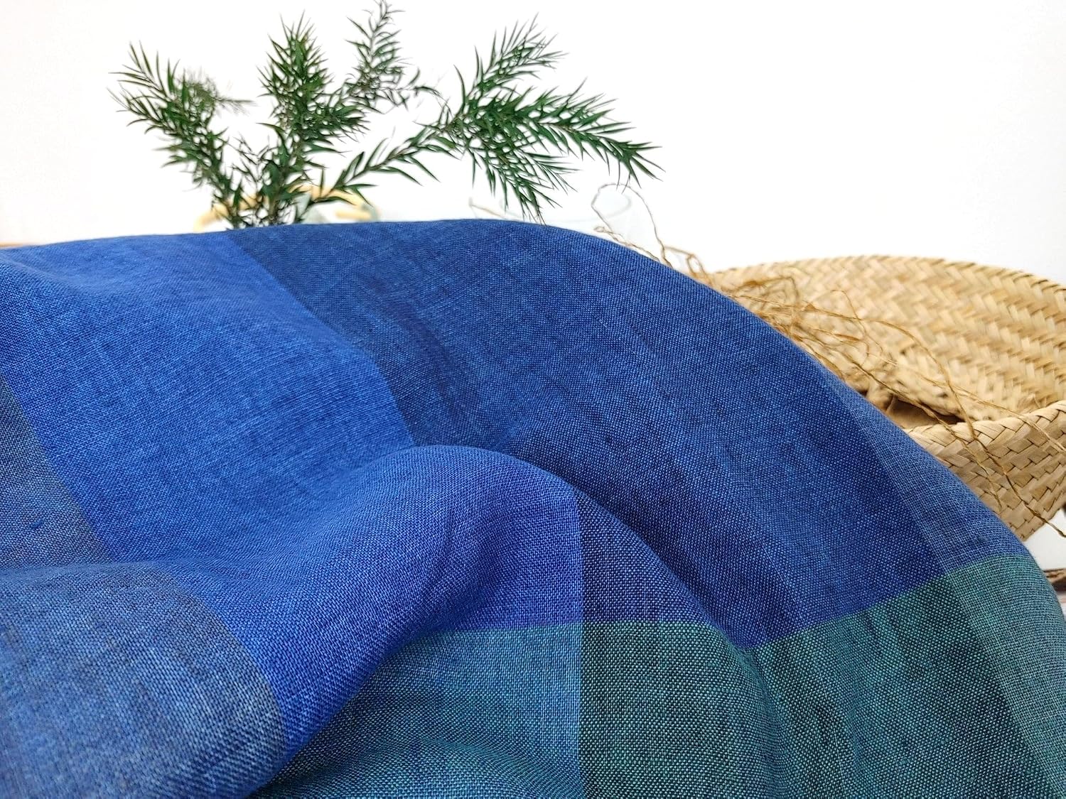 100% Linen Blue and Green Big Plaid Fabric Light Weight 6921 Blue