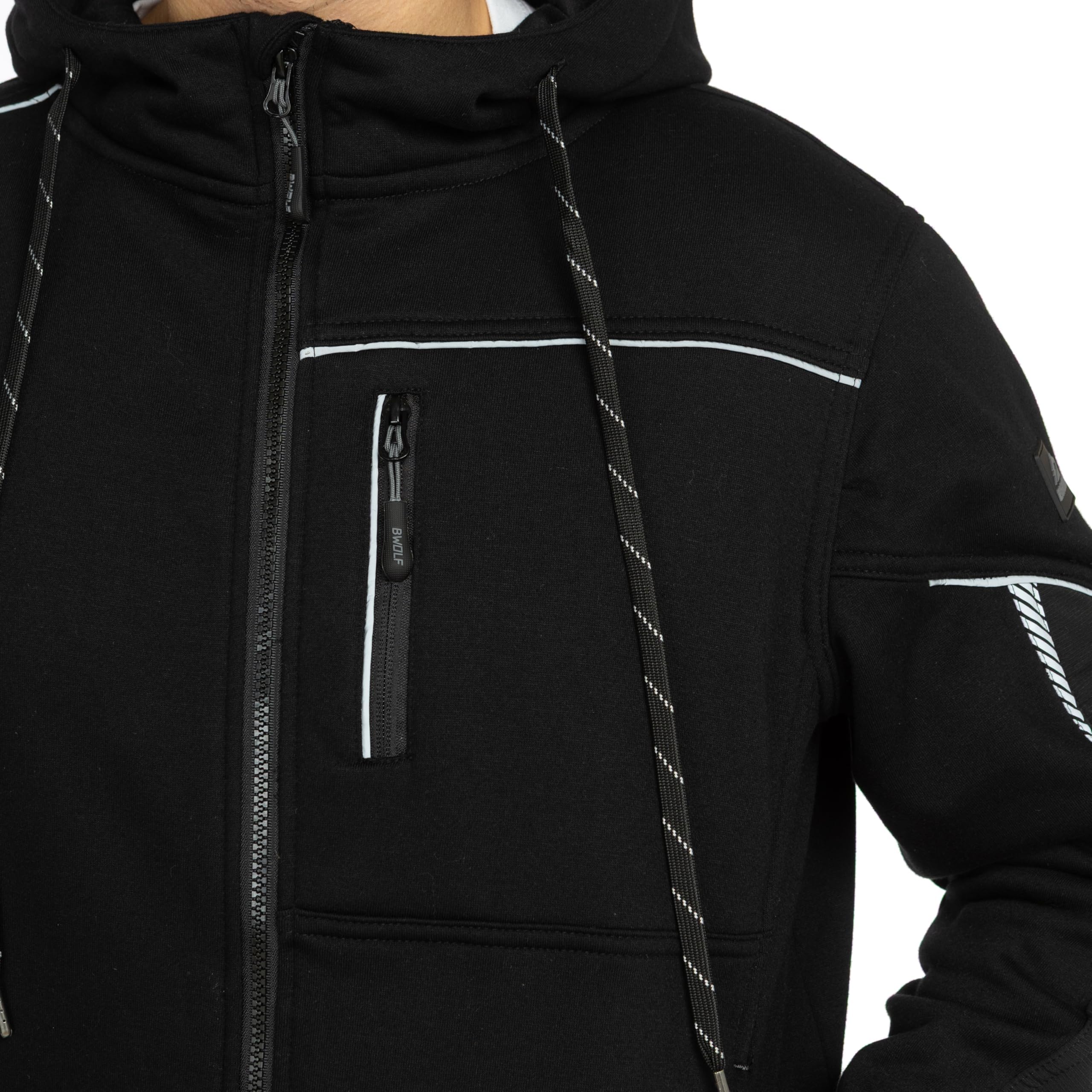 BWOLF DAYTONA Chaqueta de trabajo para hombre con capucha con cremallera - Sudadera con capucha y detalles reflectantes, bolsillo en el pecho y codo reforzado