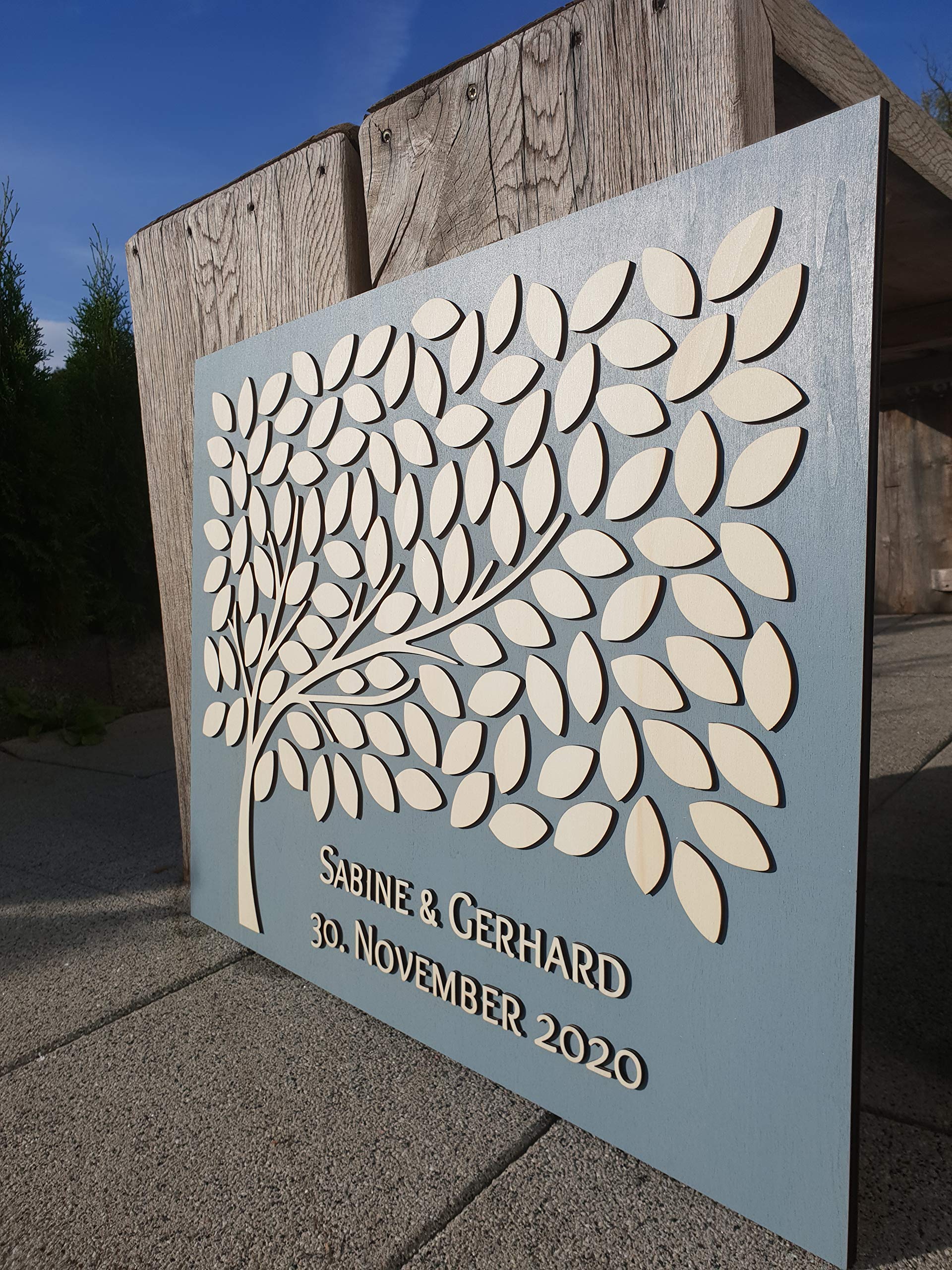 Manschin-Laserdesign Personalisiertes 3D Gästebuch aus echtem Holz - Baum - Gästebuch Alternative - (75x60cm, Grau)