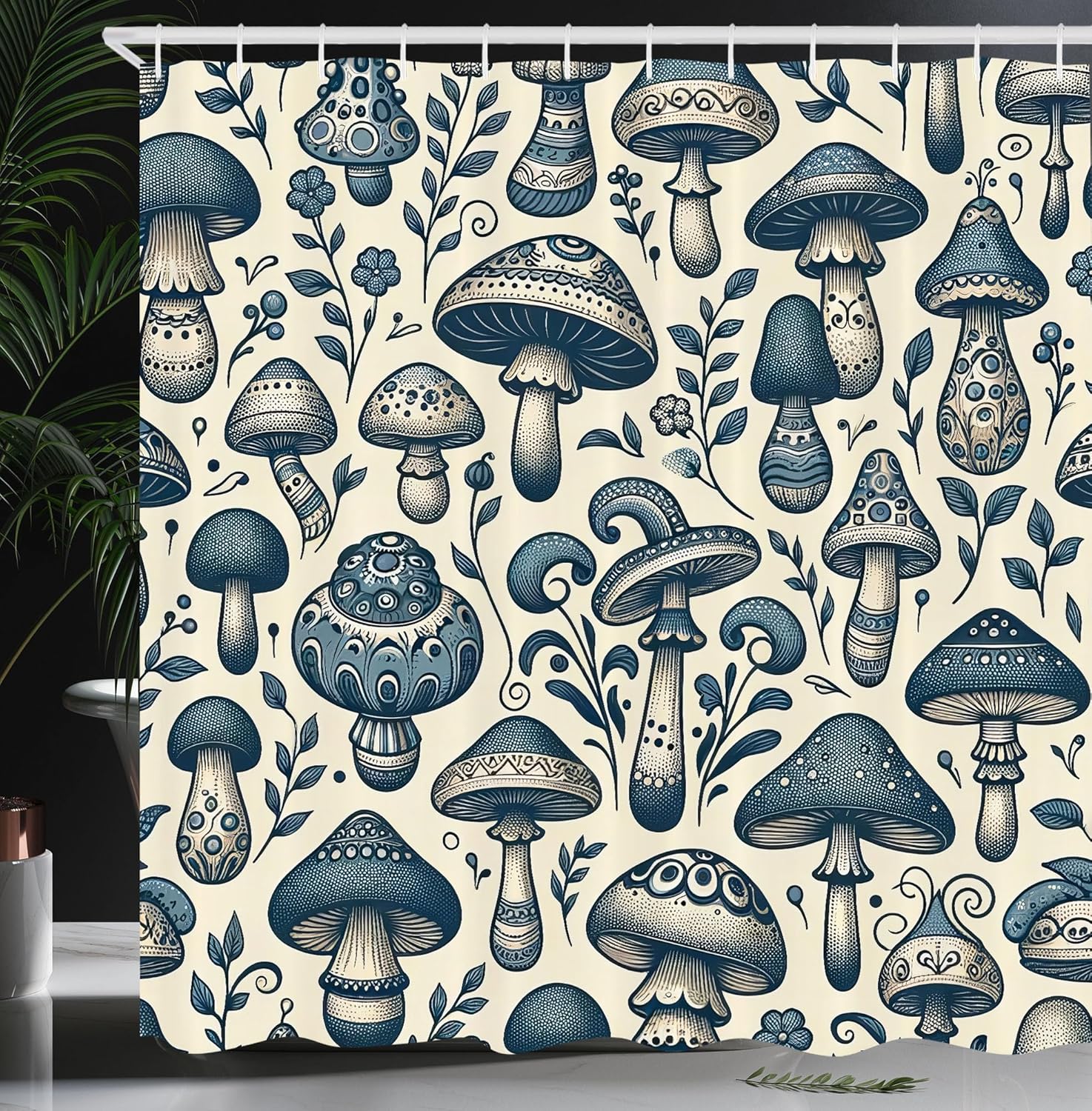 Ambesonne Mushroom Shower Curtain, Bicolour Design of Boho Woodland Concept Botanical Leafy Ornaments Print, Cloth Fabric Bathroom Decor Set with Hooks, 69" W x 84" L, Ivory and Slate Blue