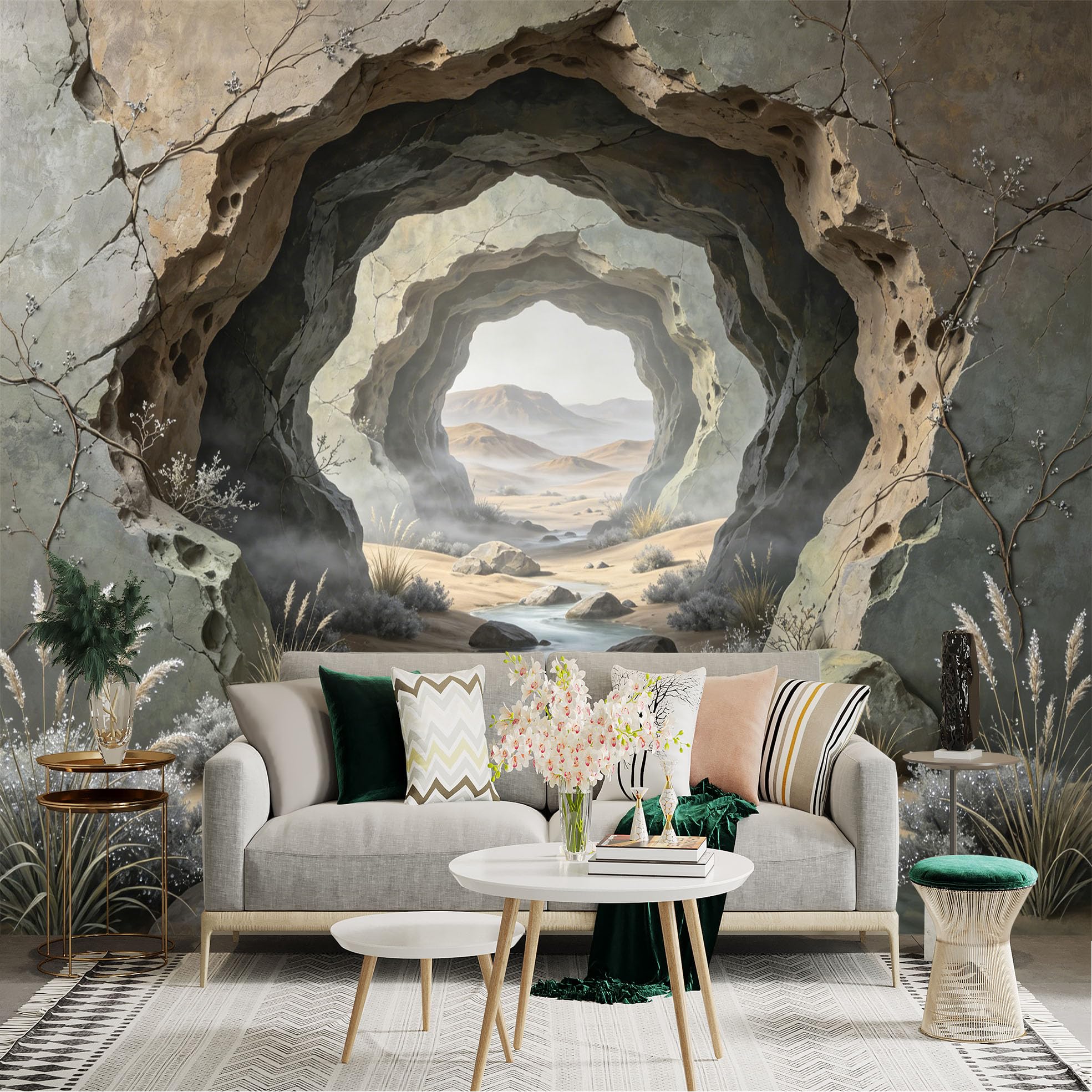 Custom Size Wall Sticker Mural， Desert Cave with Flowing Stream and Rocky Landscape， for wall Decoration， peelandstick wall Decals.