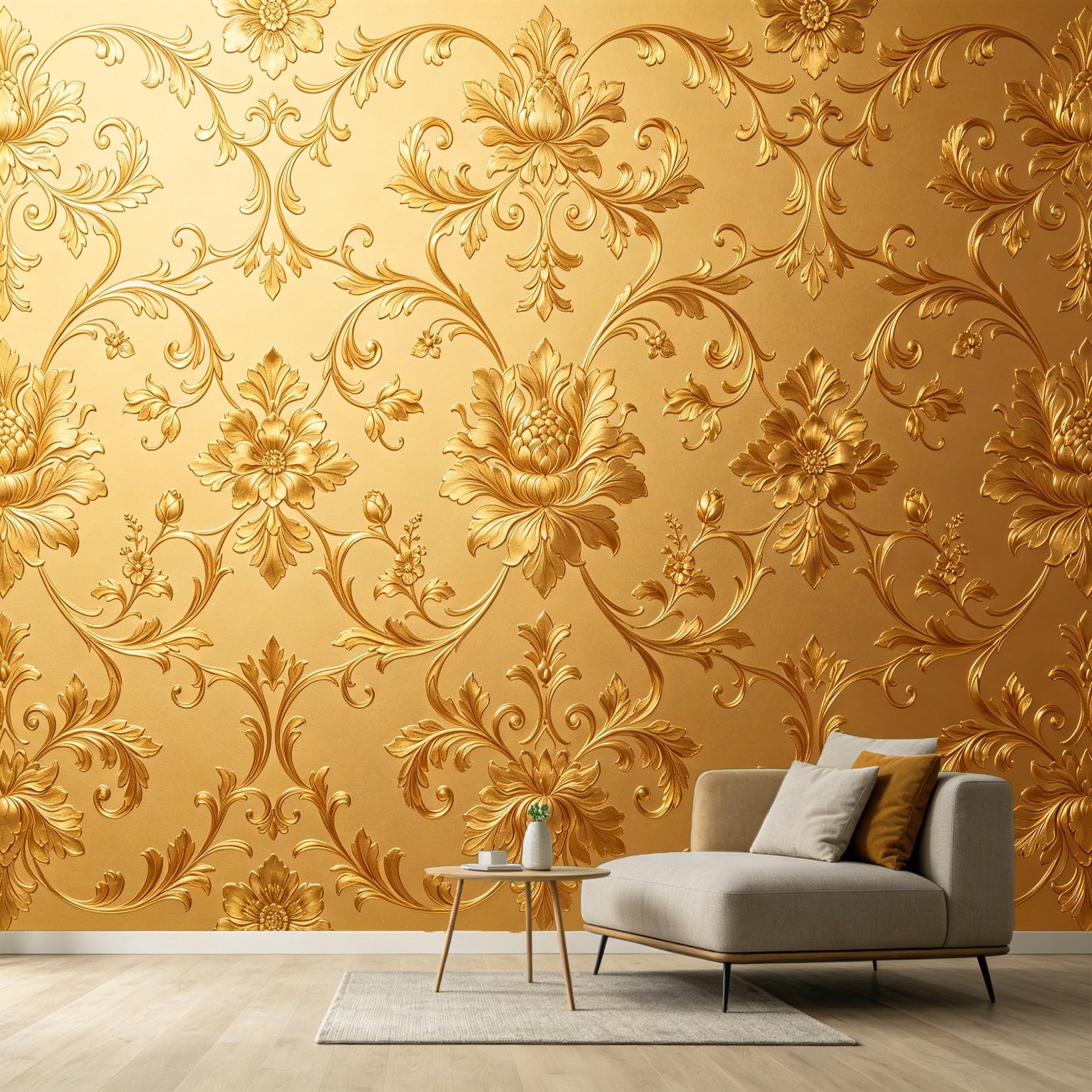 Custom Size Wall Murals Neoclassical Gold Damask Patterns 3D Textured Relief Floral Art SelfAdhesive Wall Fabric Removable Large Wallpaper for Photo Living Room