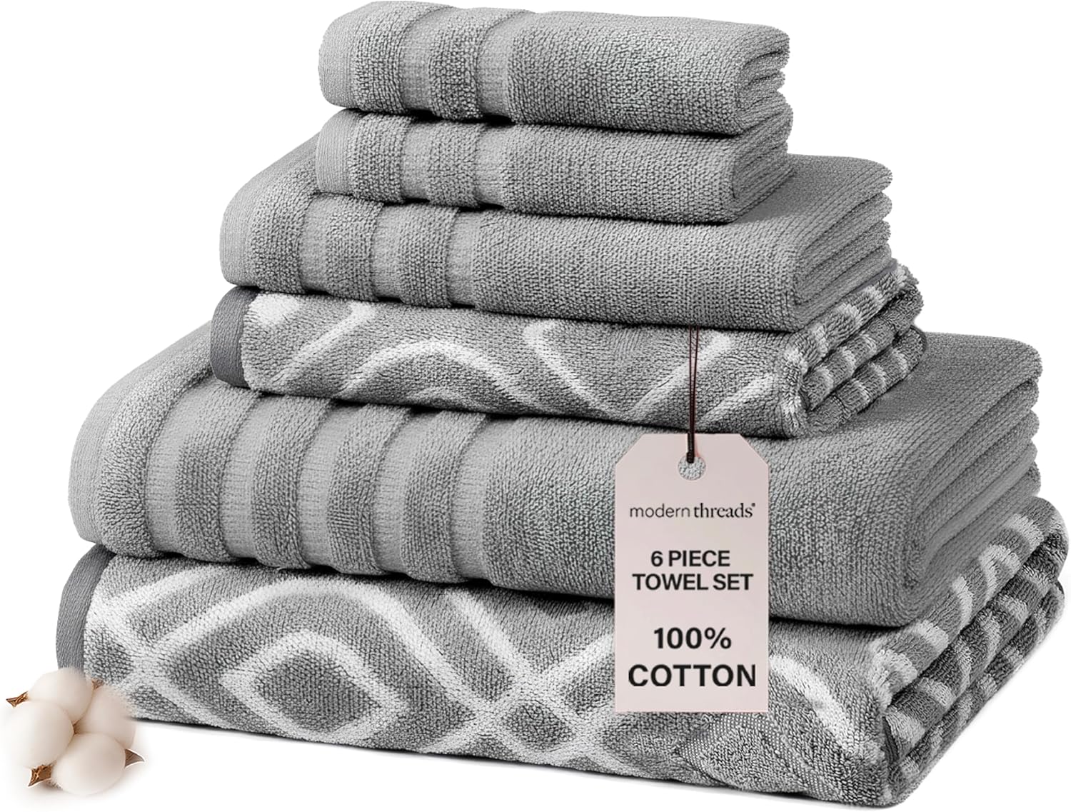 Modern Threads Oxford 6-Piece 100% Cotton Towel Set – Yarn Dyed Jacquard & Solid – Includes 2 Bath Towels, 2 Hand Towels, 2 Washcloths – Absorbent, Quick Dry, Soft & Durable – Gray Gray Oxford