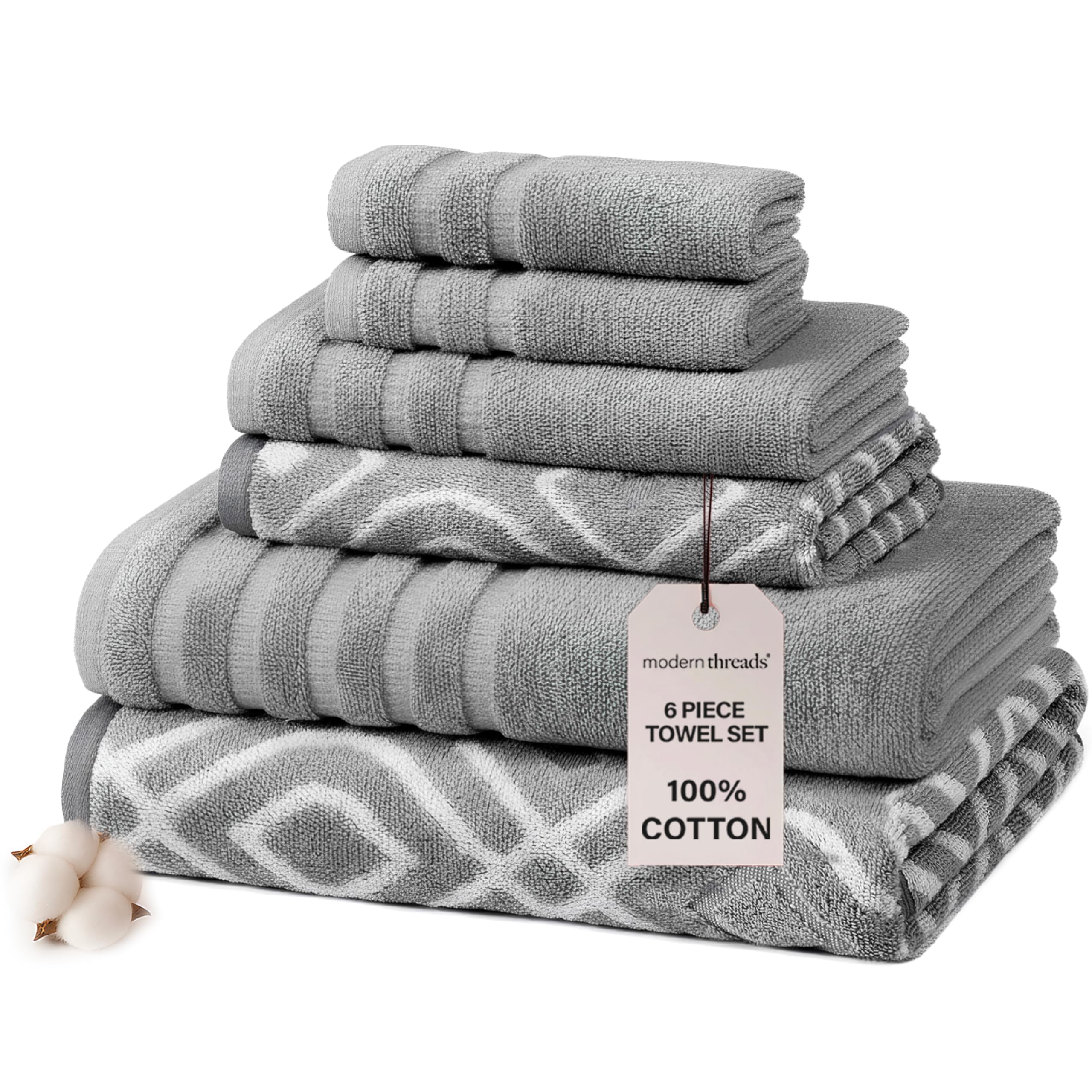 Modern Threads Oxford 6-Piece 100% Cotton Towel Set – Yarn Dyed Jacquard & Solid – Includes 2 Bath Towels, 2 Hand Towels, 2 Washcloths – Absorbent, Quick Dry, Soft & Durable – Gray