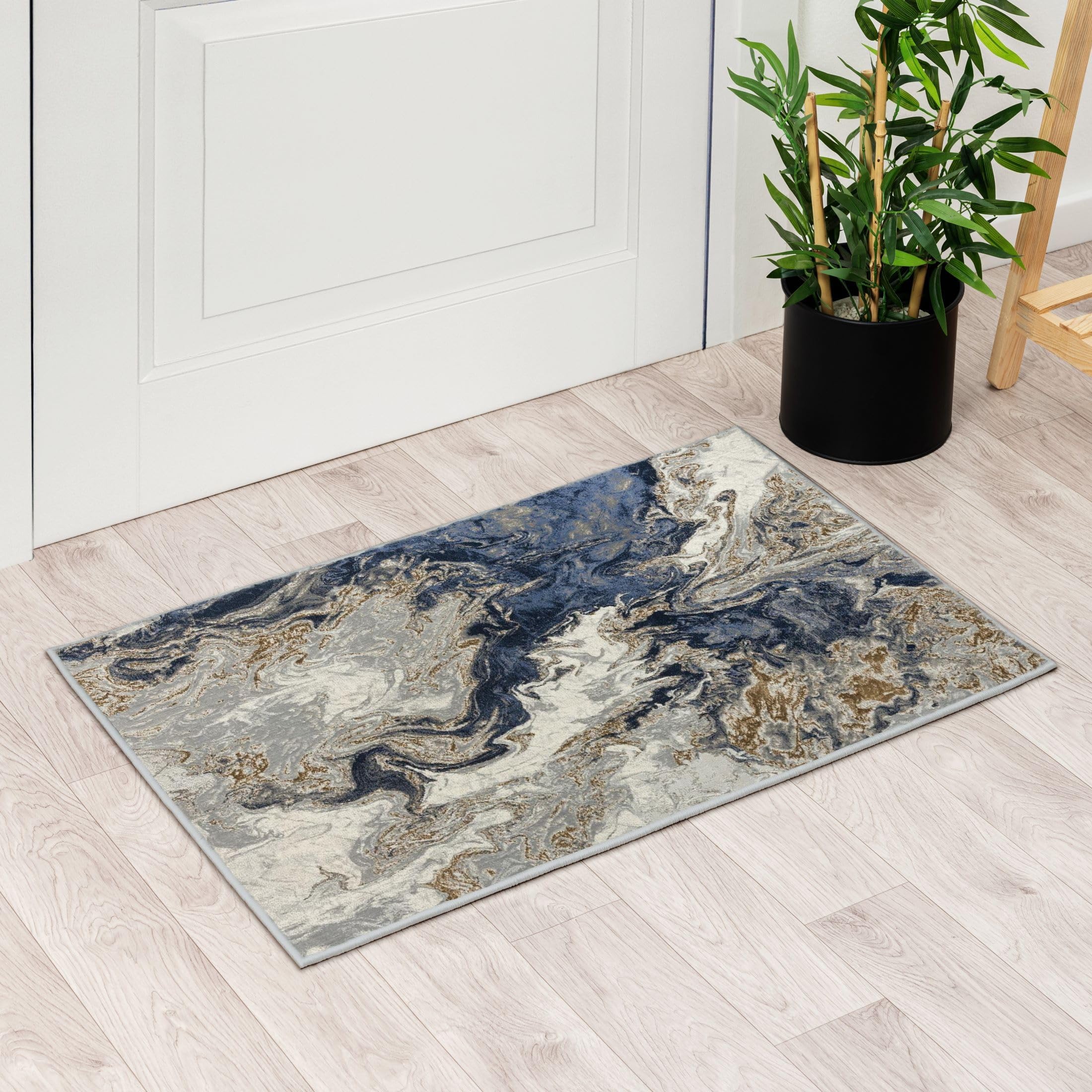 Marble Collection Blue Area Rug 2x3 Modern Abstract Swirl Design Non-Shedding Carpet