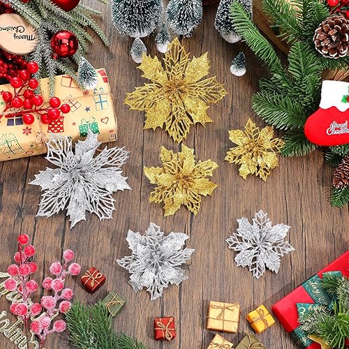 Miniatura 9 de WILLBOND 36 flores de Pascua con purpurina para árbol de Navidad, flores de pascua artificiales para decoración de coronas de boda, árbol (negro)