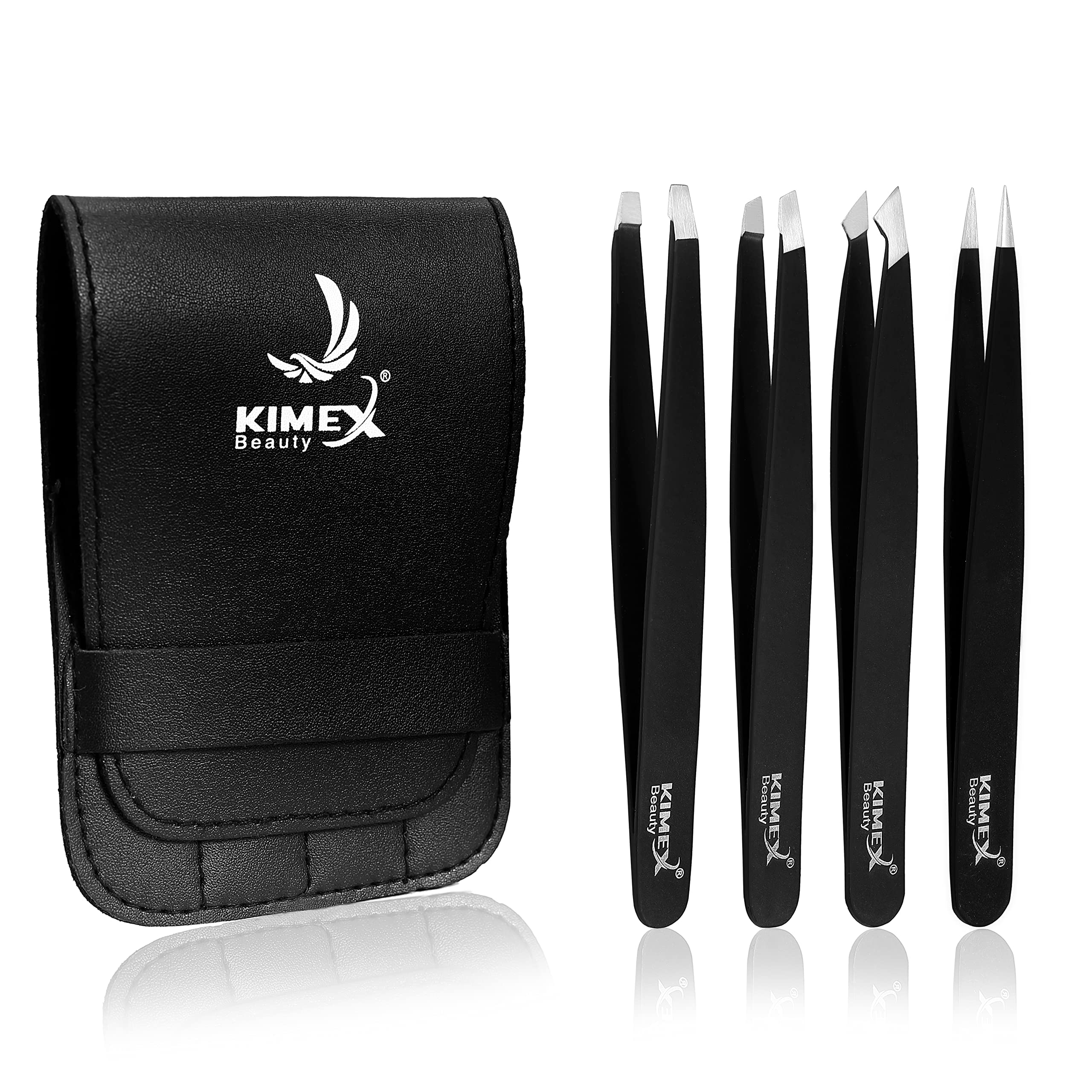 Kimex Tweezers for Eyebrows - Professional Stainless Steel Slanted and Pointed Tip Hair Tweezers Set for Ingrown Hair, Blackhead Removal, Eyelash Extension, Eyebrows Plucking Beauty Tool for Women