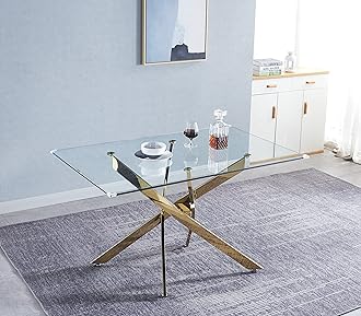Modern Rectangular Glass Dining Table with Clear Tempered Glass Top & 4 Gold Chrome Legs, Ideal for Dining Room & Kitchen
