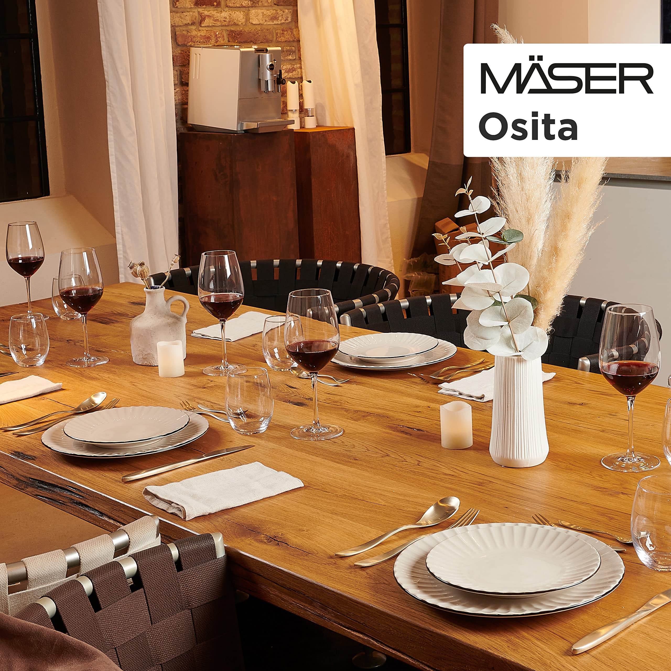 MÄSER Osita 931967 Serie Retro - Vajilla para 6 personas con forma de onda, 18 piezas, con plato llano, plato de postre y cuenco de cereales, juego de vajilla, gres, color crema