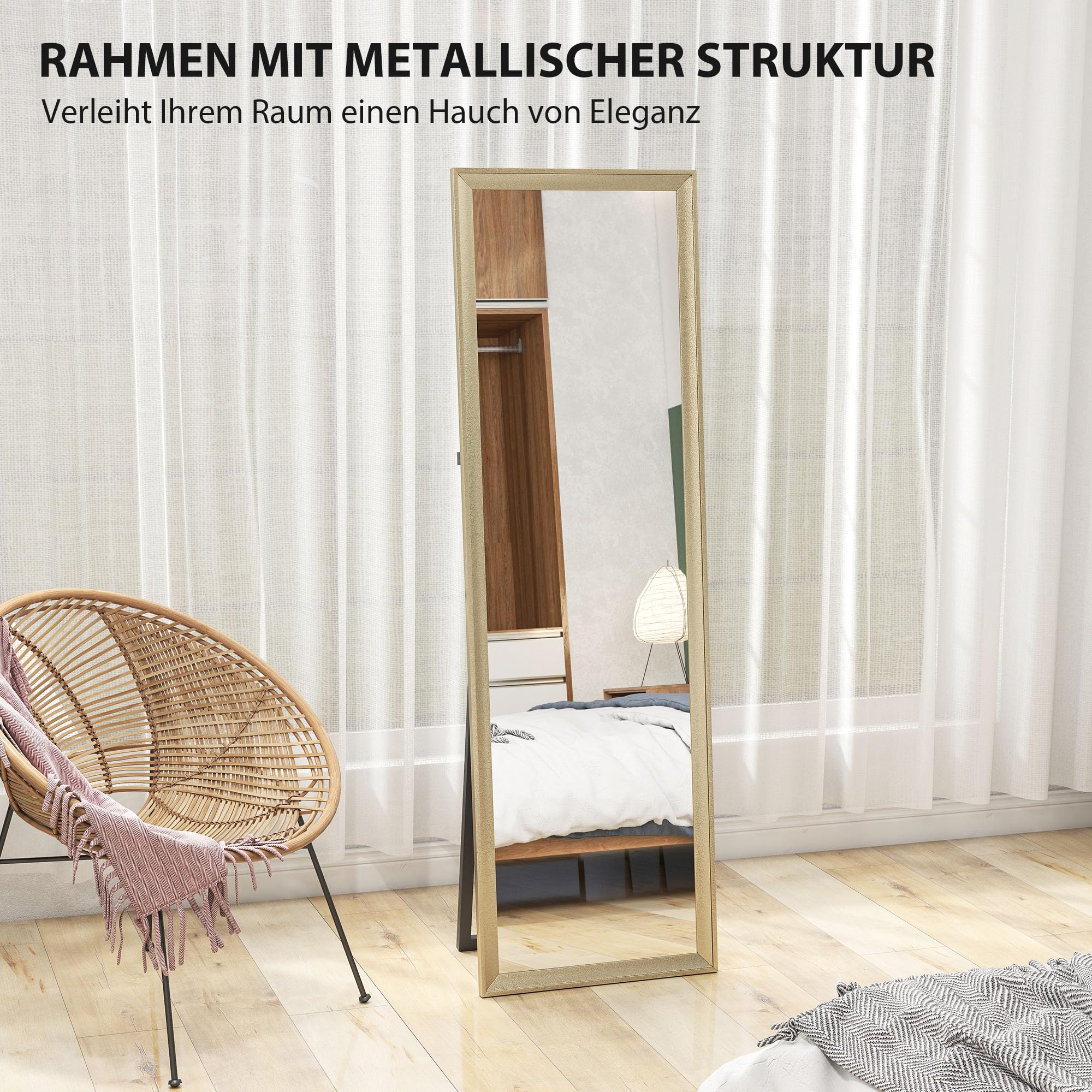HOMCOM Ganzkörperspiegel 160 x 50 cm Rechteckig Standspiegel mit Metalloptik, Wandspiegel zum Anlehnen, Stehen, großer Spiegel für Flur, Wohnzimmer, Schlafzimmer, Gold