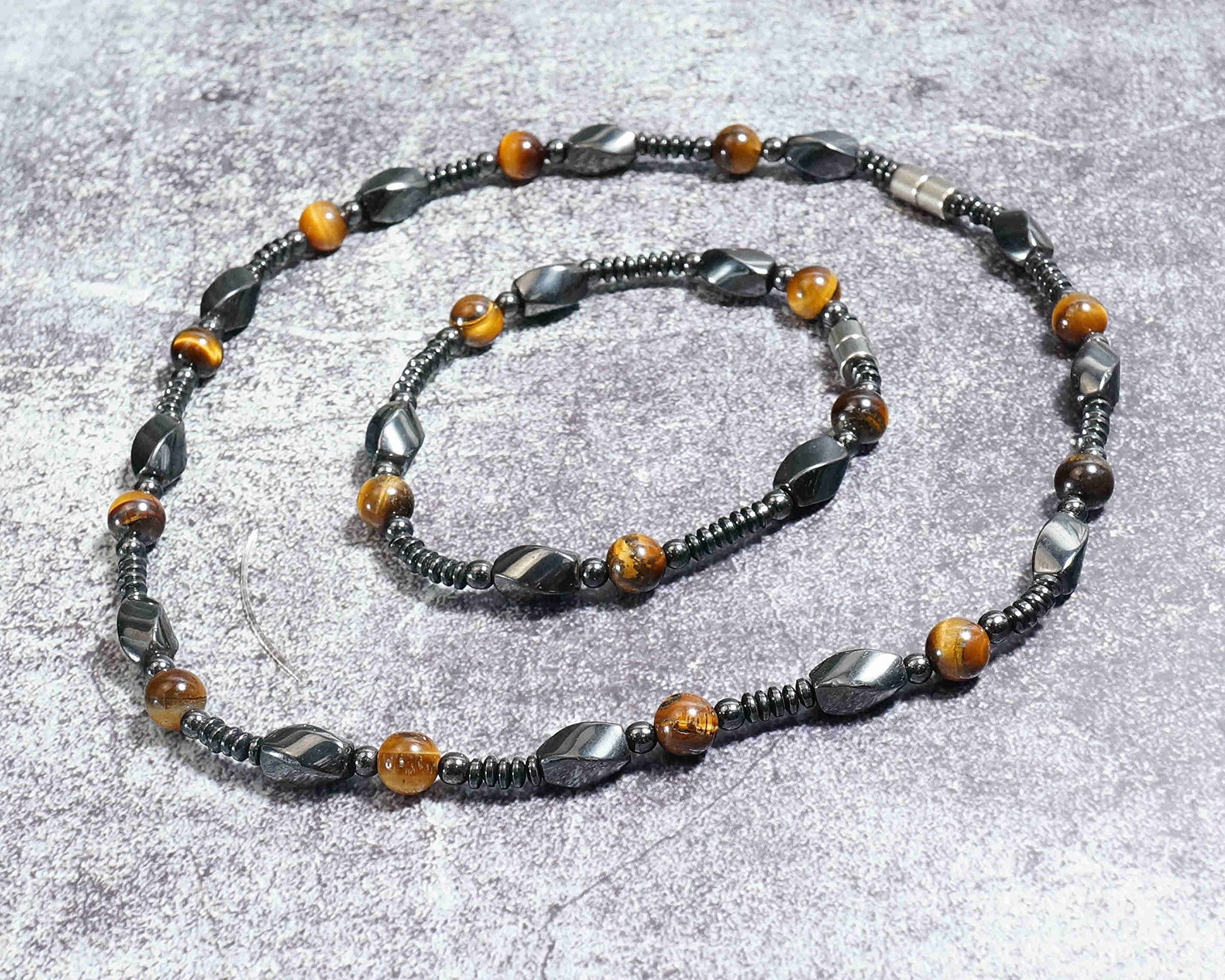 Ensemble collier et bracelet de perles en hématite magnétique et œil de tigre pour homme – Mala sans cou – Ensemble de bijoux (M)