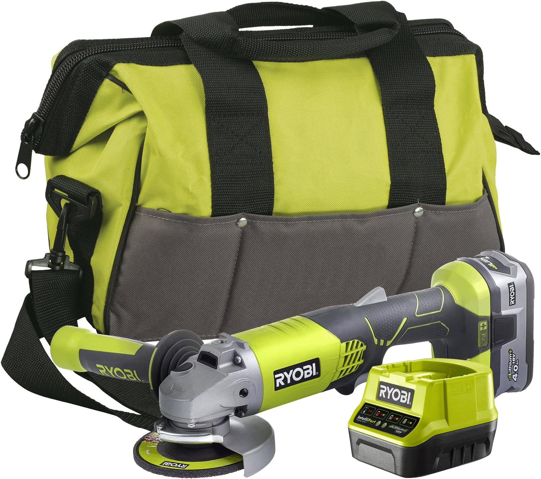 Ryobi R18AG-140S 18V ONE+ Cordless Angle Grinder Starter Kit (1 x 4.0Ah), Hyper Green