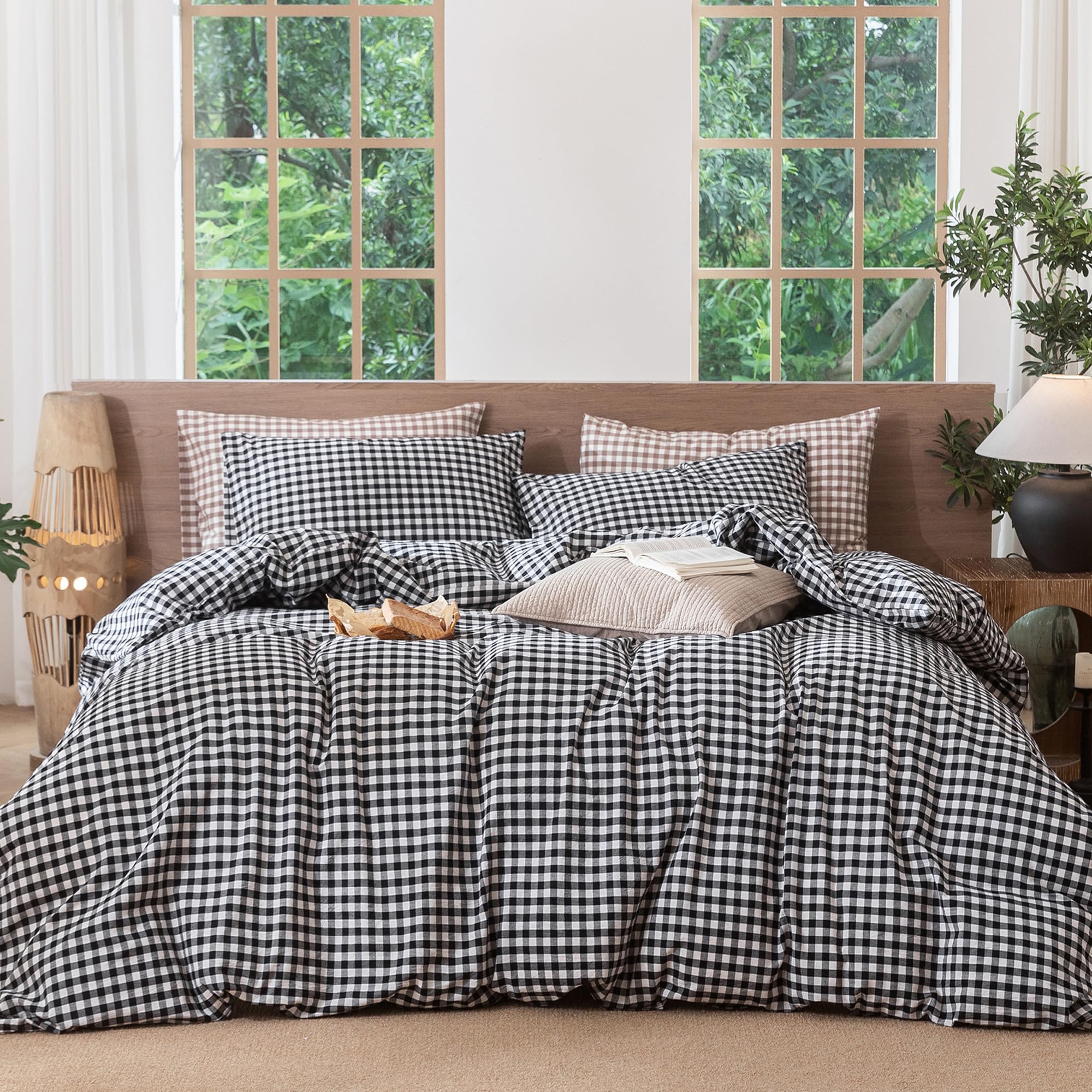 MooMee Gingham Duvet Cover Set 100% Washed Cotton Linen Like