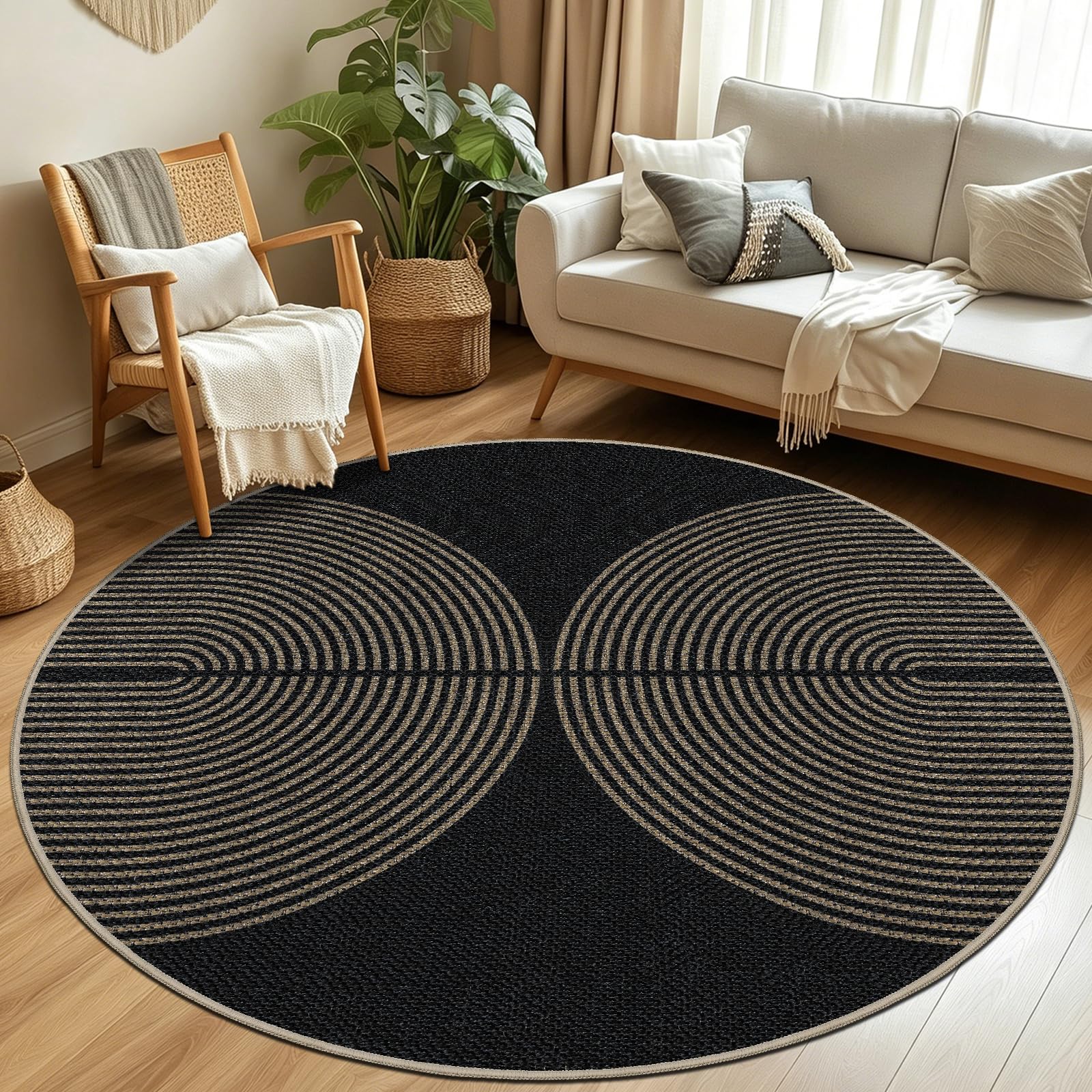 Capslpad Tapis d'extérieur, rond, 160 cm, aspect jute, résistant aux intempéries, lavable, antidérapant, naturel, pour salon, balcon, terrasse, cuisine, jardin - Couleur : noir/naturel