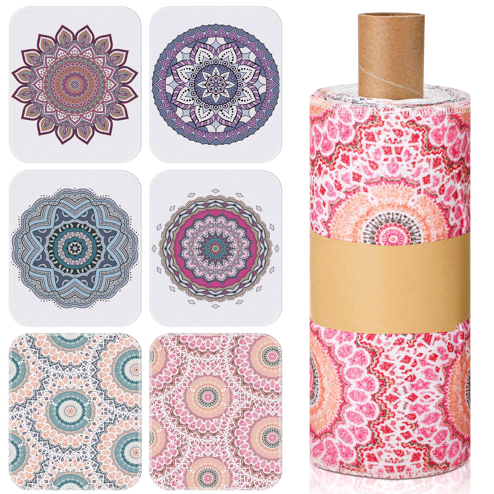 Redbaker 30 Pcs Reusable Paper Towels Rolls Kitchen Towels Bulk Washable Paperless Cloth Cotton Hand Napkins with Cardboard Reusable Napkins for Kitchen Bathroom (Mandala)