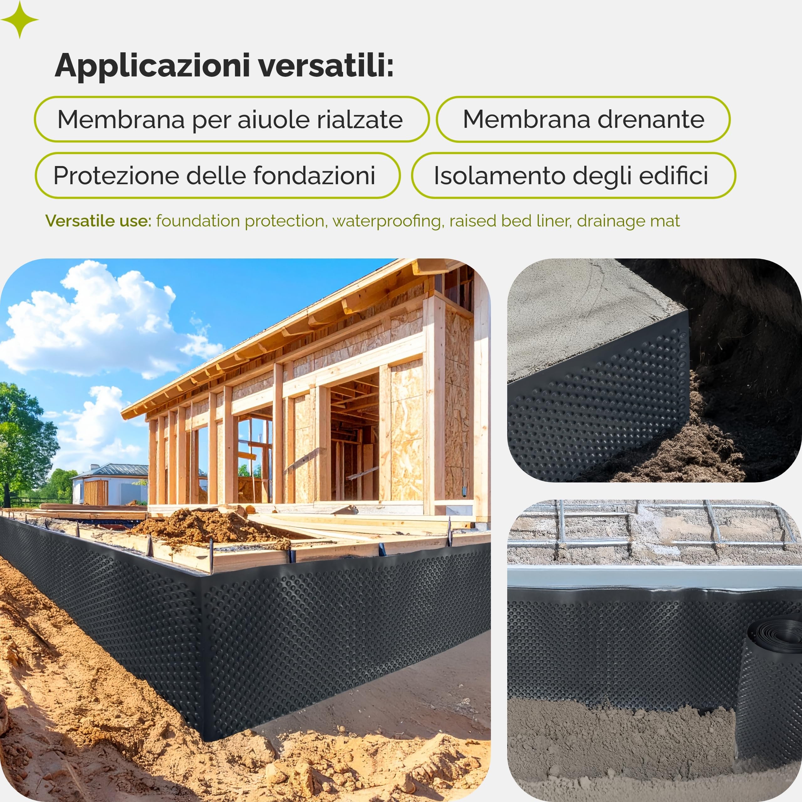 Garronda membrana bugnata HDPE estruso 1 × 20 m, guaina di protezione per fondazioni e muri interrati ad alta resistenza meccanica, rotolo salvaprato GD-0160
