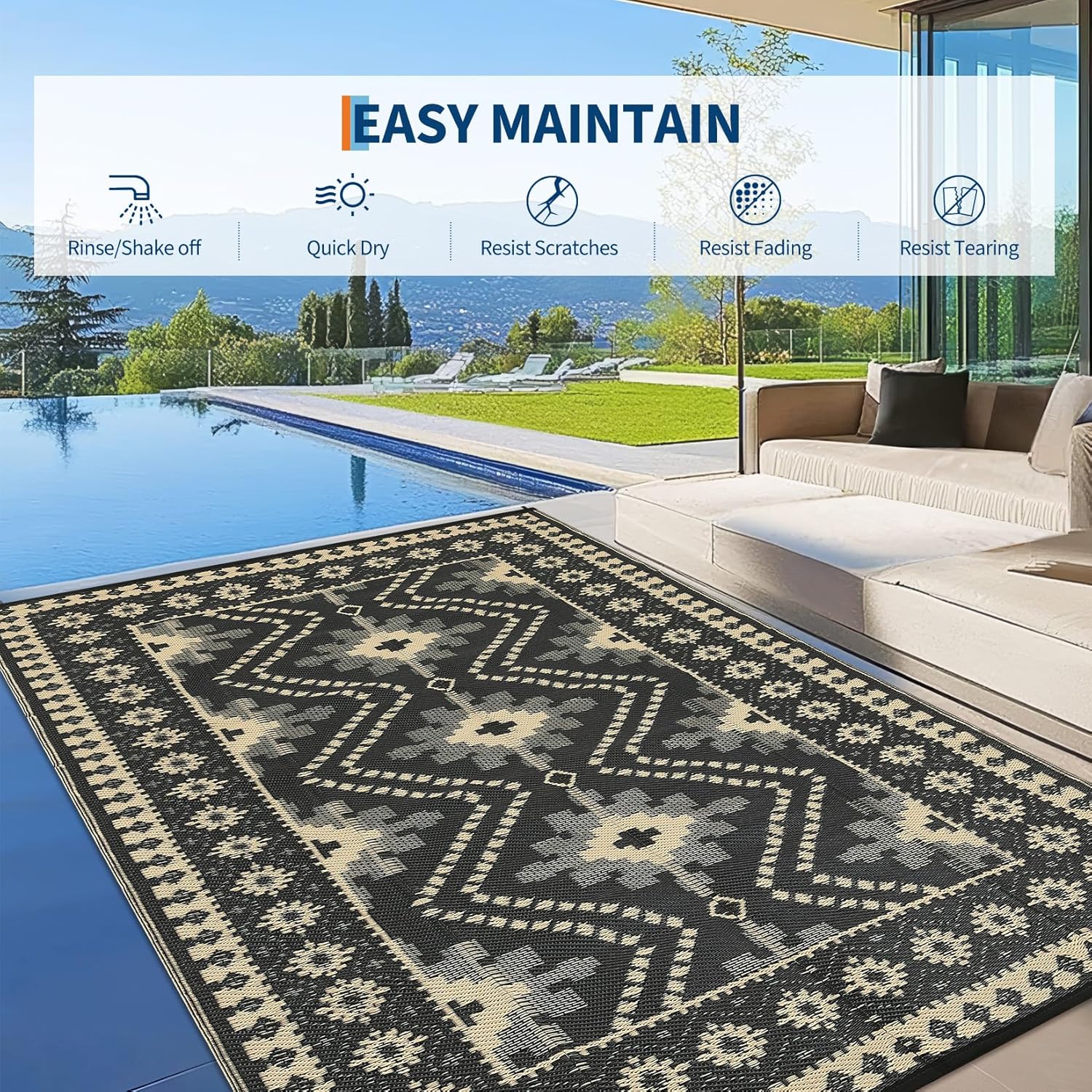 8x10 Brown Outdoor Rug, Waterproof Plastic Straw Reversible Ethnic Geometric Patio Mat, Symmetrical Tribal Pattern Washable RV Camping Carpet, Foldable Portable Deck Rug for Picnic Backyard