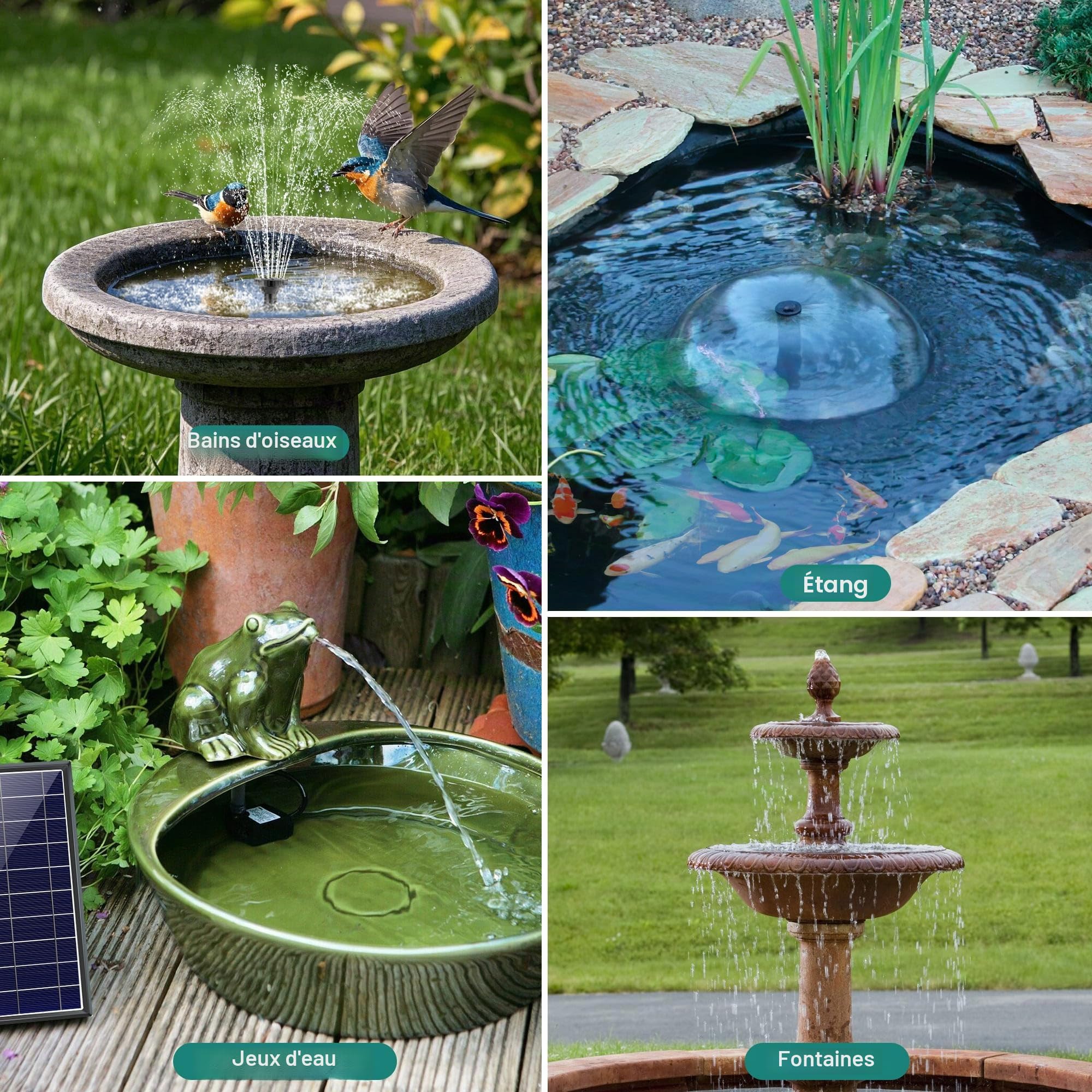 Biling Pompe Solaire de Bassin avec Batterie, 8 W, 300 l/h, Silencieuse, avec 8 Buses, Fontaine Solaire Extérieure avec Tuyau d'Écoulement pour Bassin de Jardin, Ventilation jusqu'à 500 l