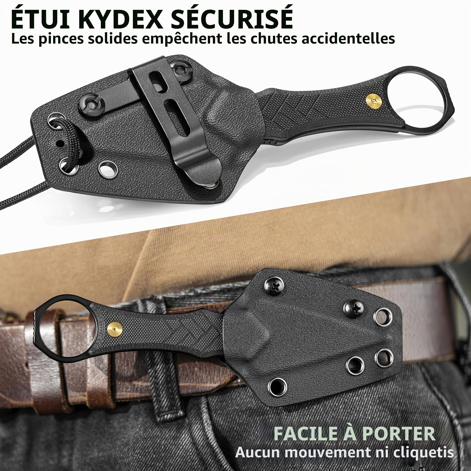 LOTHAR PORCUPINE 14C28N Acier Neck Knife Couteau,42A Fulltang Petit Fixe Avec Manche G10, Couteau d'extérieur Avec étui Kydex et Clip de Ceinture (PORCUPINE Noir)