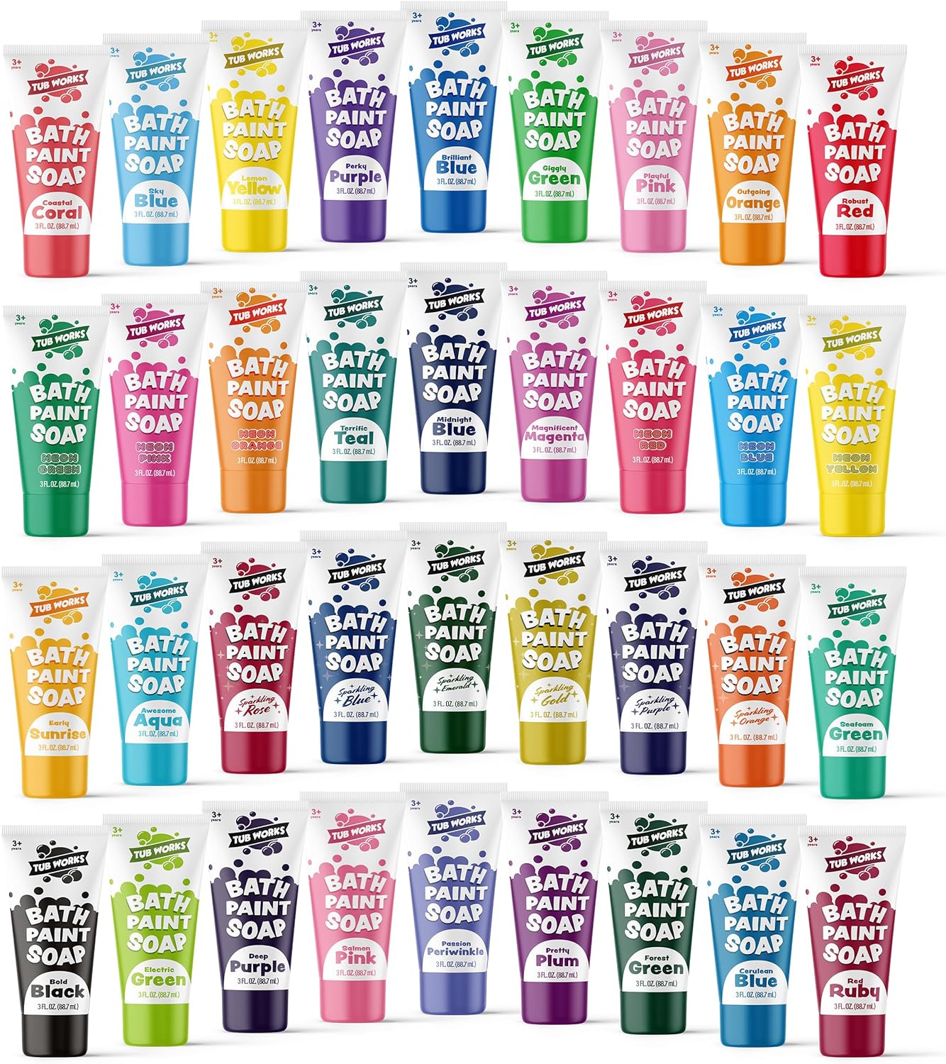 Tub Works® Bath Paint Soap, 36 Pack | Non-Toxic, Washable Bath Paint for Toddlers & Kids Bath | Toddler Bath Toys for Finger Painting in the Tub | Classic, Pastel, Neon & Sparkling Bath Colors